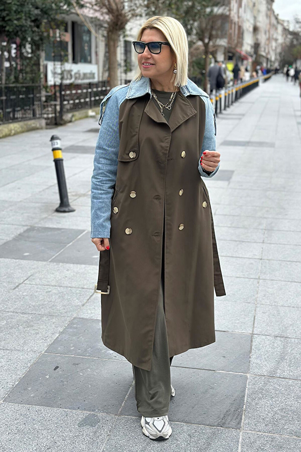 Haki Denim Garnili Kemerli Trençkot