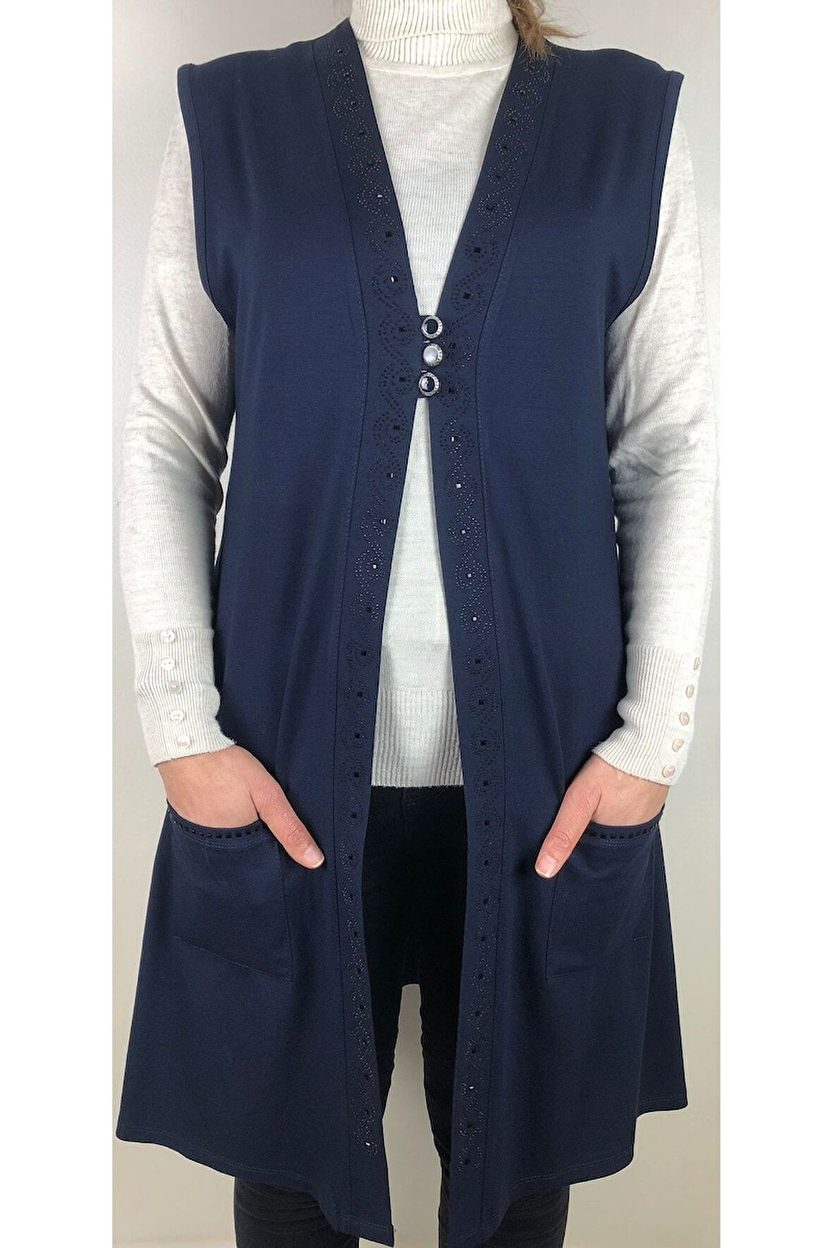 Günlük Uzun Mor Penye Yelek