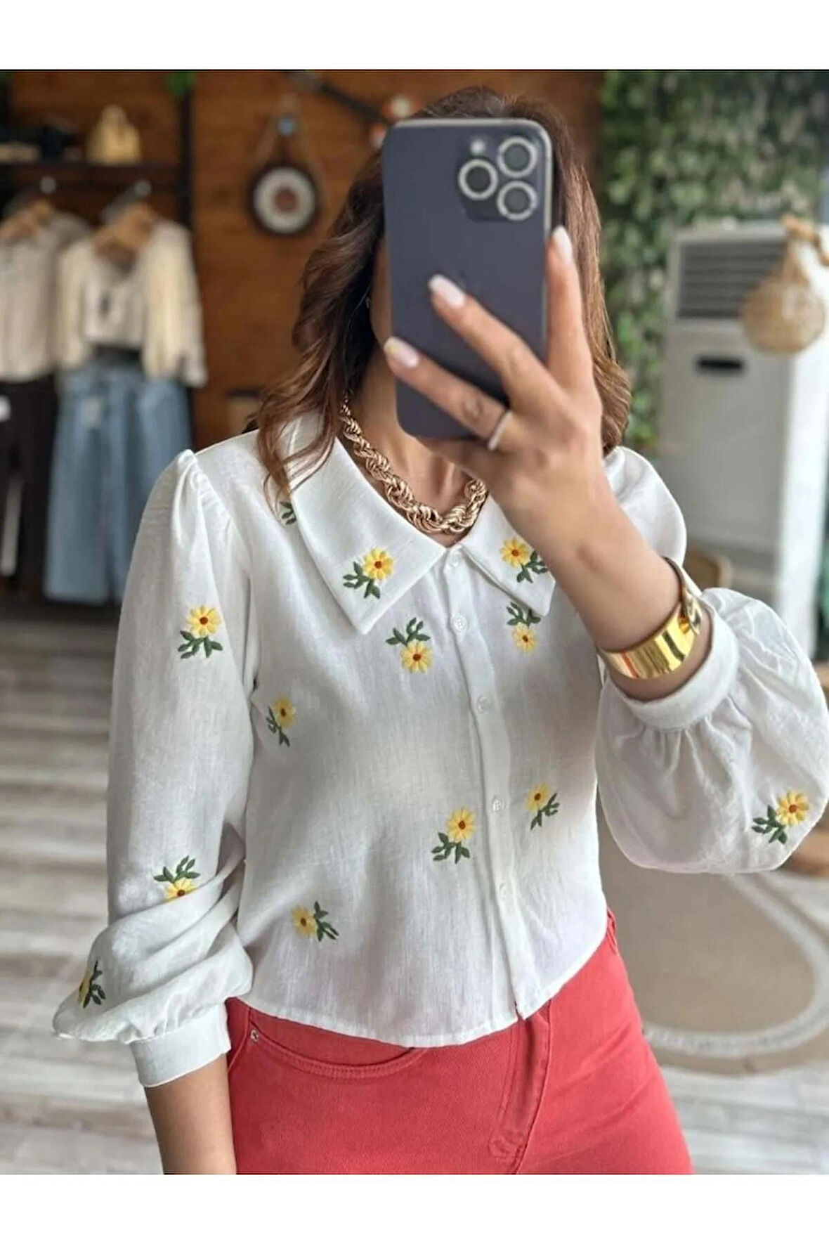 Papatya Nakış İşleme Keten Gömlek