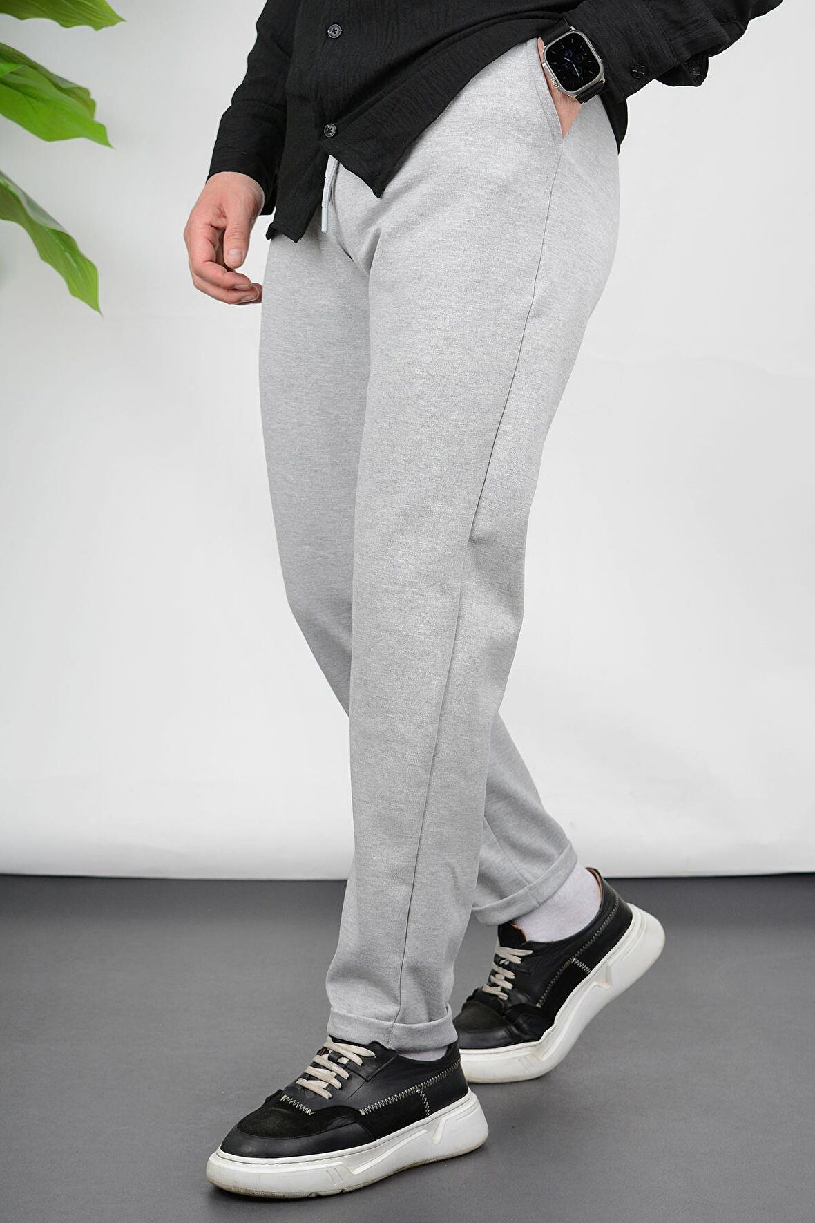 Erkek Double Paça Beli Lastikli Relax Fit Jogger Pantolon Gri Edw036