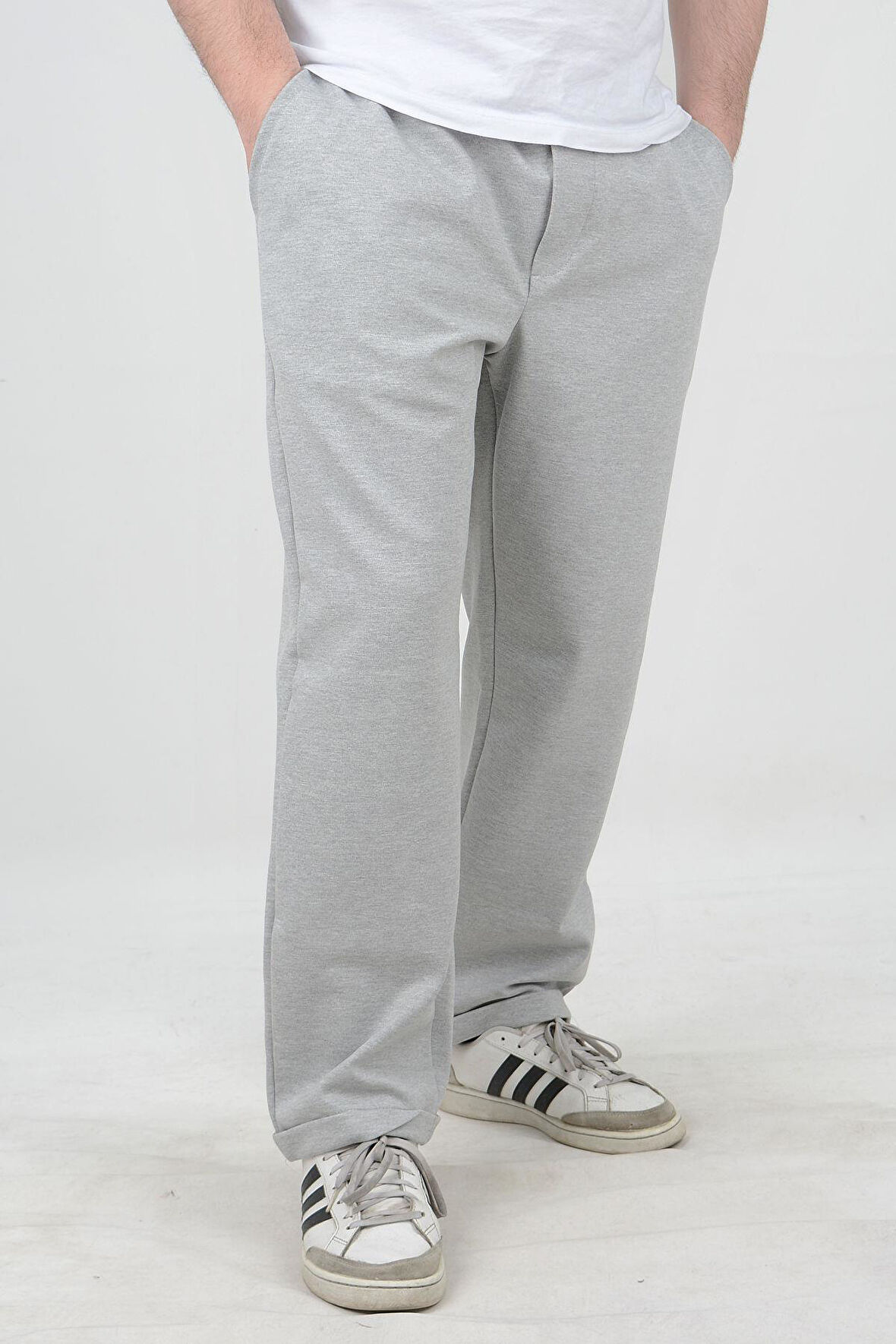 Büyük Beden Erkek Double Paça Beli Lastikli Relax Fit Battal Boy Jogger Pantolon Gri Edw037