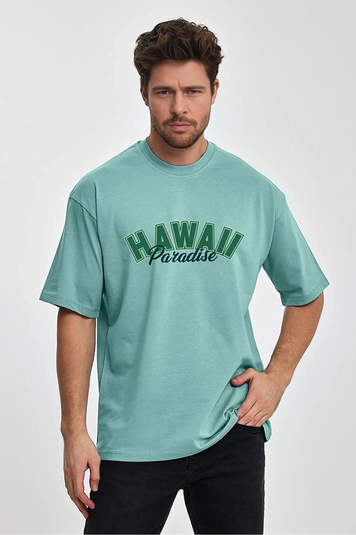 Erkek Oversize %100 Pamuk Havaii Baskılı T-shirt Yeşil Edw046