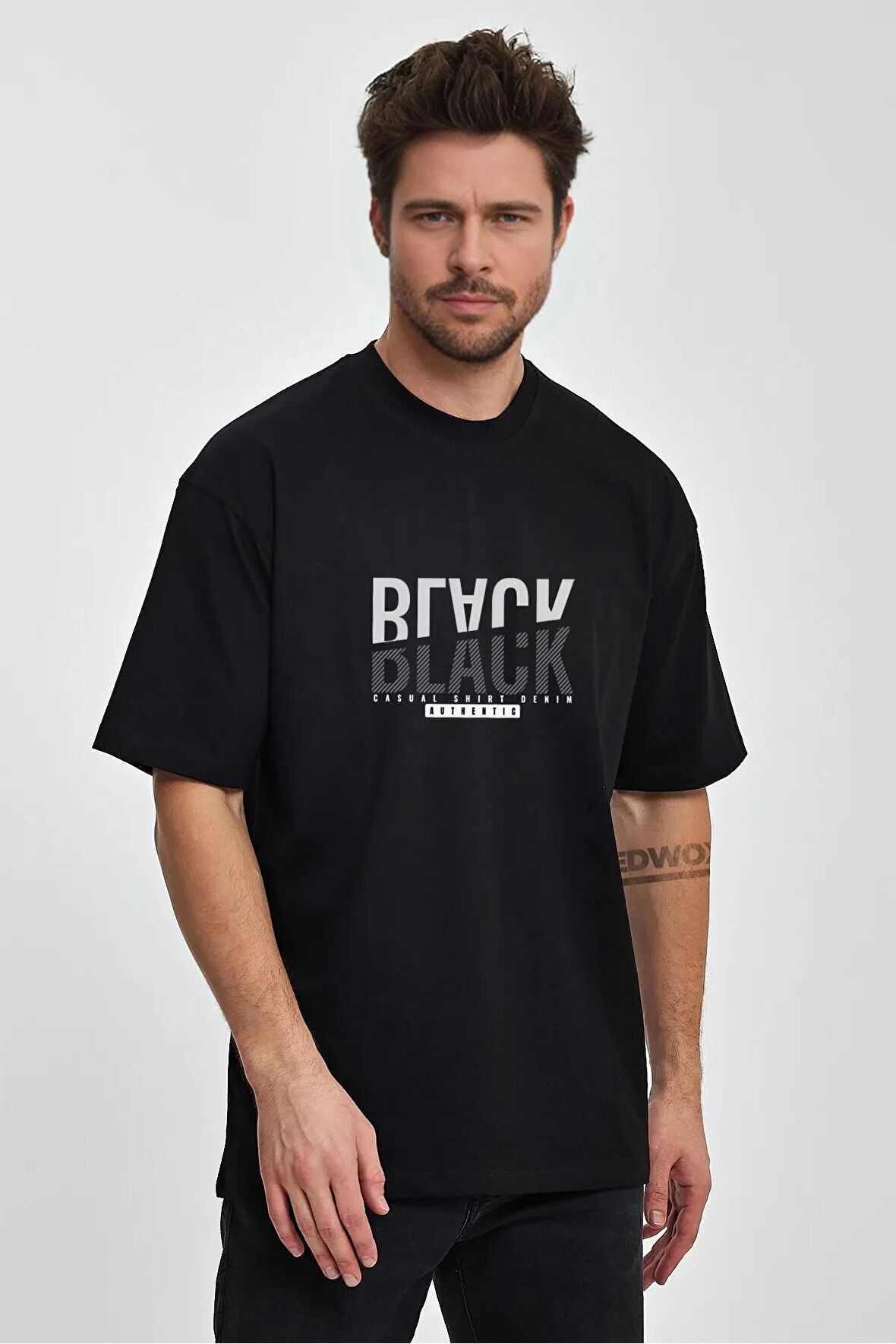 Erkek Oversize %100 Pamuk Black Baskılı T-shirt Siyah Edw047