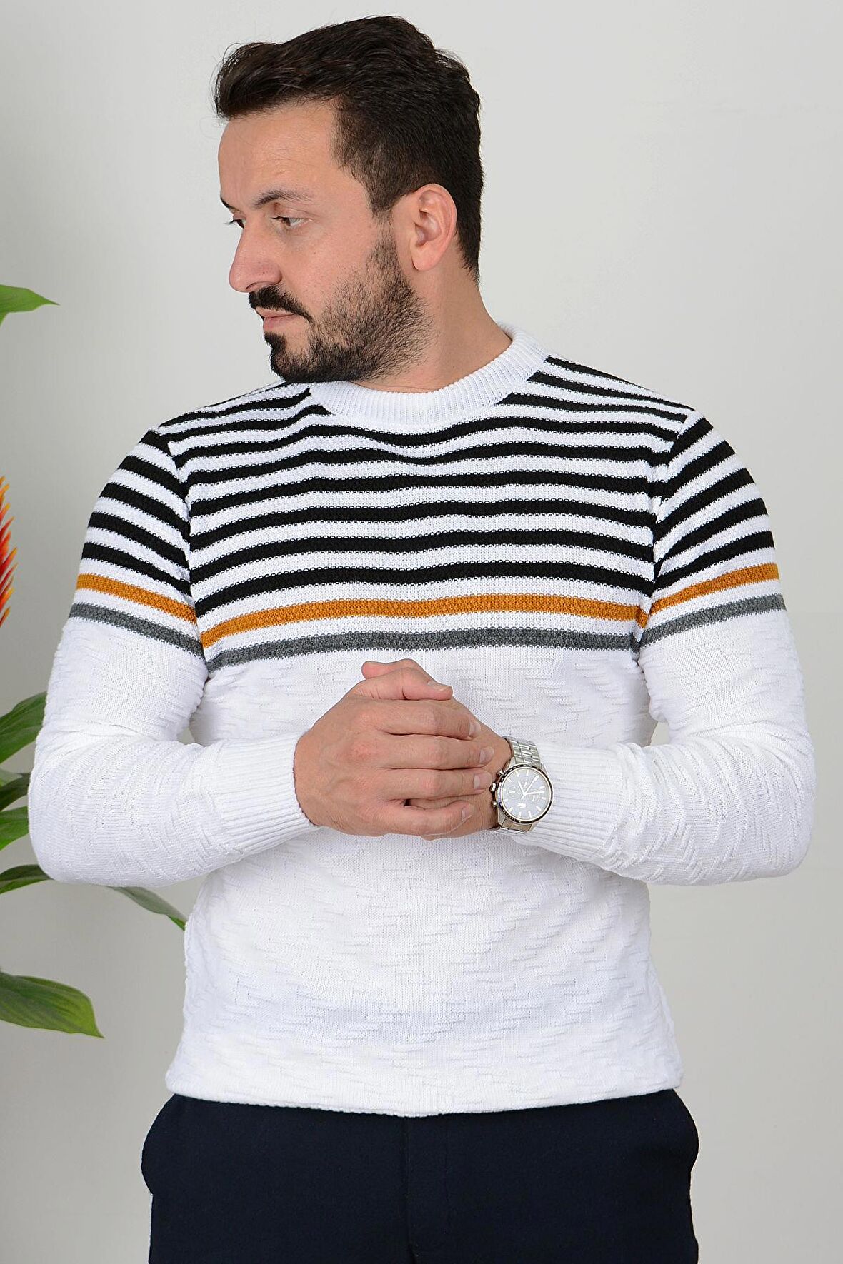 Erkek Çizgili Bisiklet Yaka Slim Fit Triko Kazak Beyaz Edw019