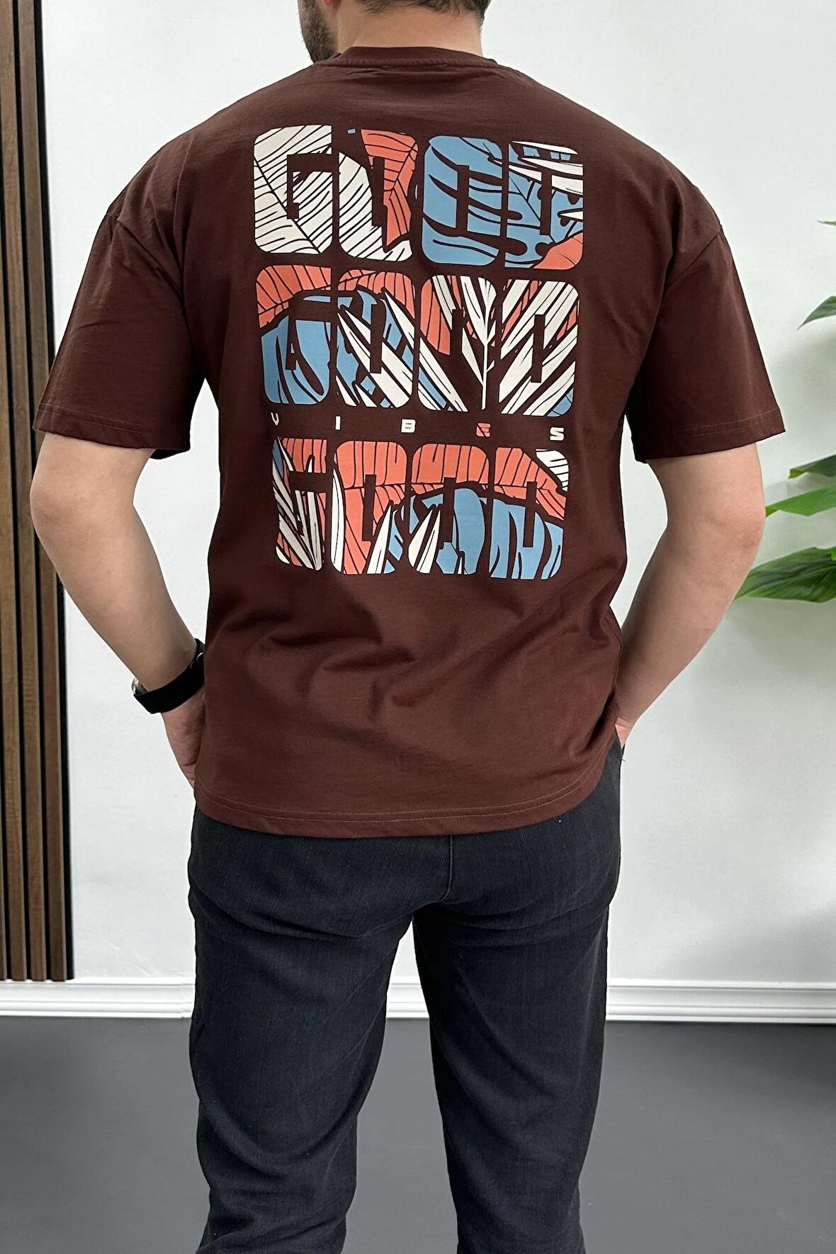 Erkek Oversize %100 Pamuk Good Vibes Sırt Baskılı T-shirt Kahverengi Edw091