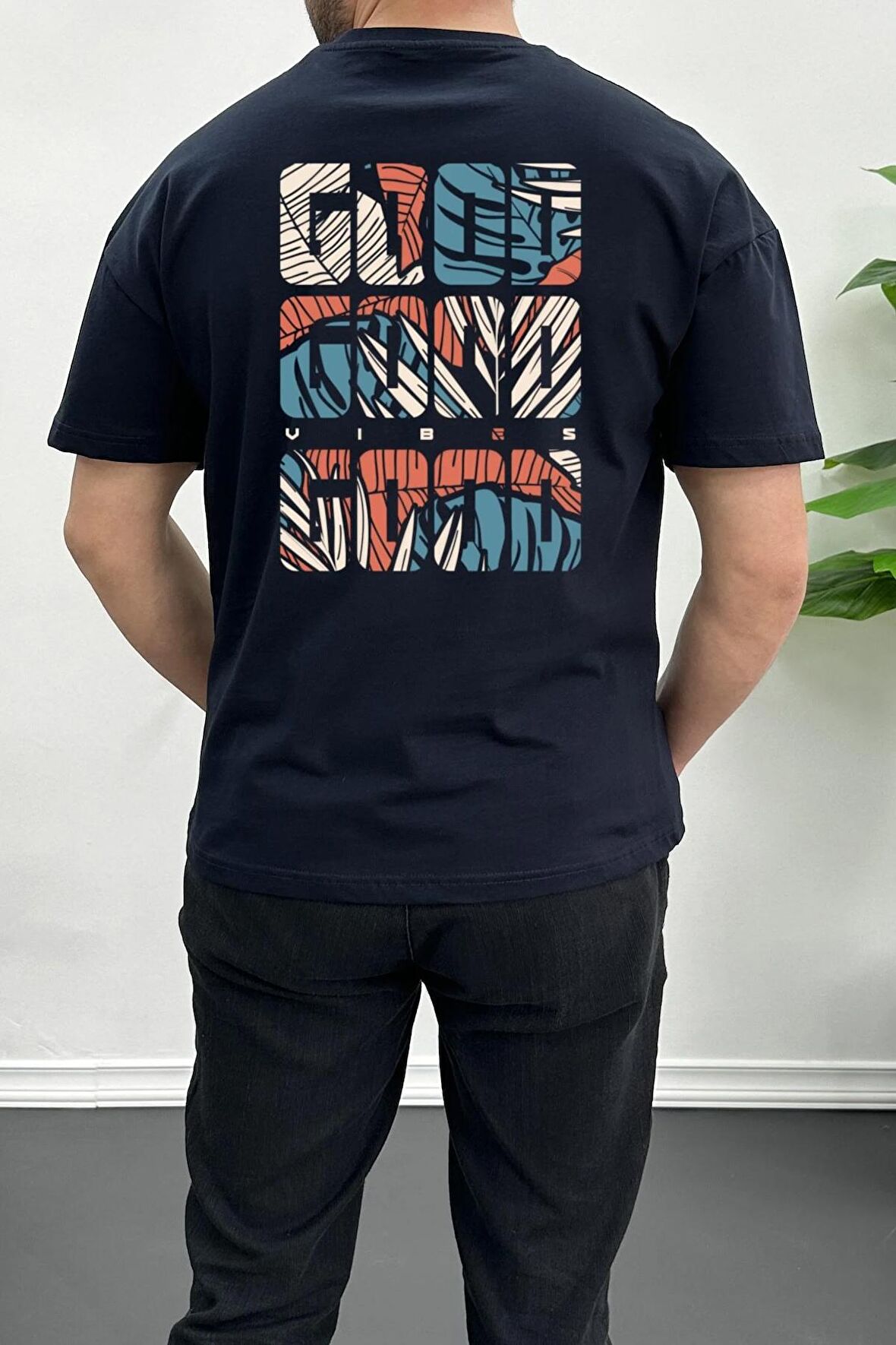 Erkek Oversize %100 Pamuk Good Vibes Sırt Baskılı T-shirt Lacivert Edw091