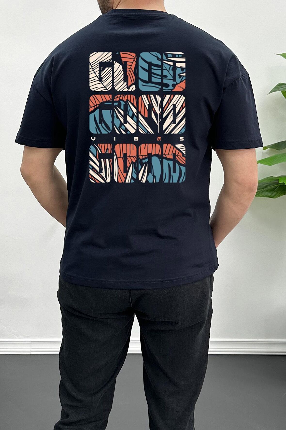 Erkek Oversize %100 Pamuk Good Vibes Sırt Baskılı T-shirt Lacivert Edw091