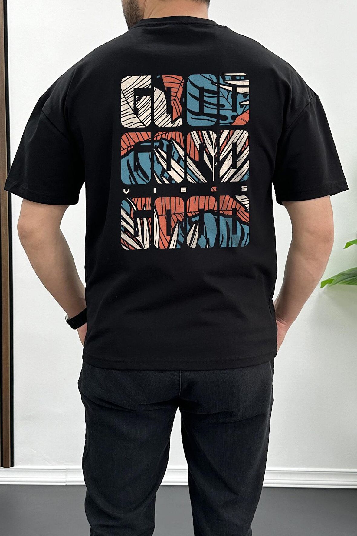 Erkek Oversize %100 Pamuk Good Vibes Sırt Baskılı T-shirt Siyah Edw091