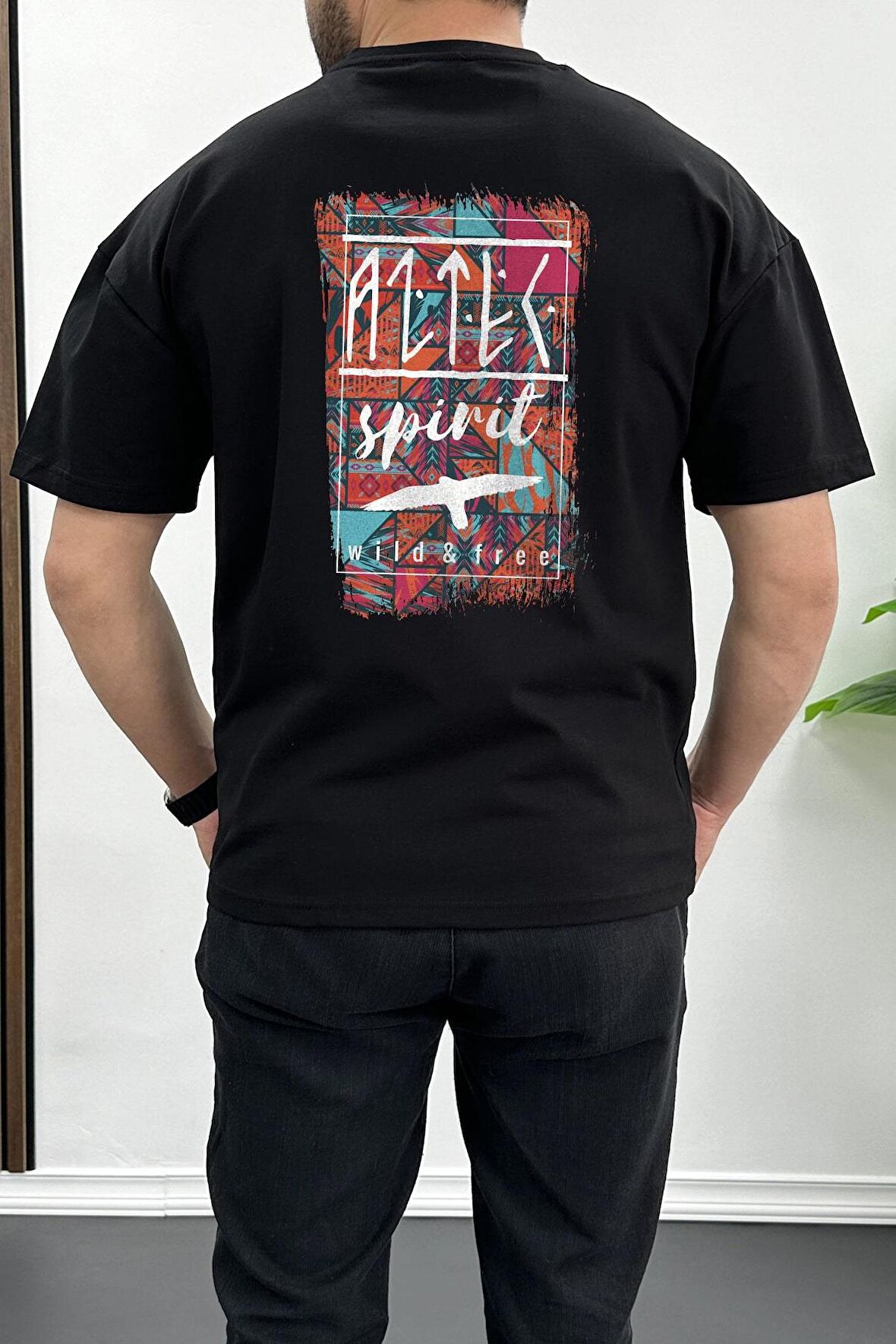 Erkek Oversize %100 Pamuk Spirit Sırt Baskılı T-shirt Siyah Edw093