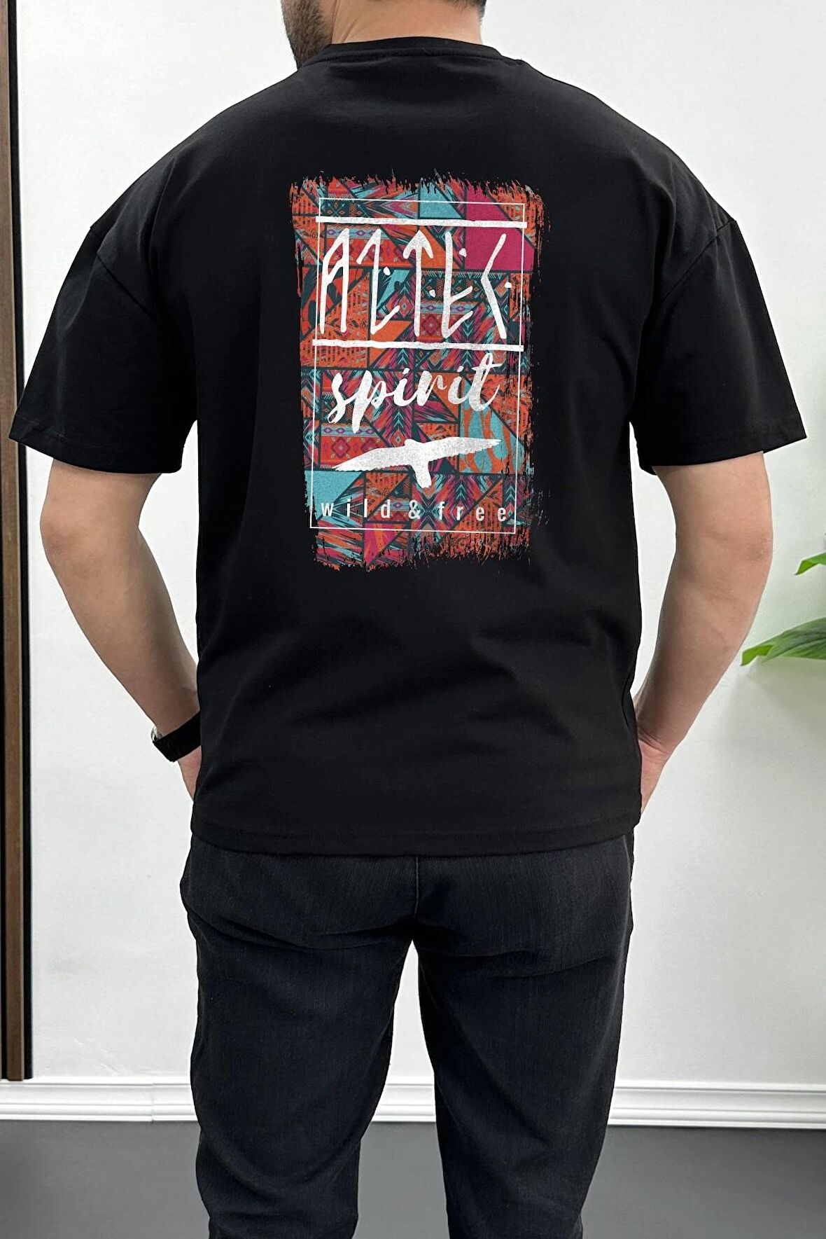 Erkek Oversize %100 Pamuk Spirit Sırt Baskılı T-shirt Siyah Edw093