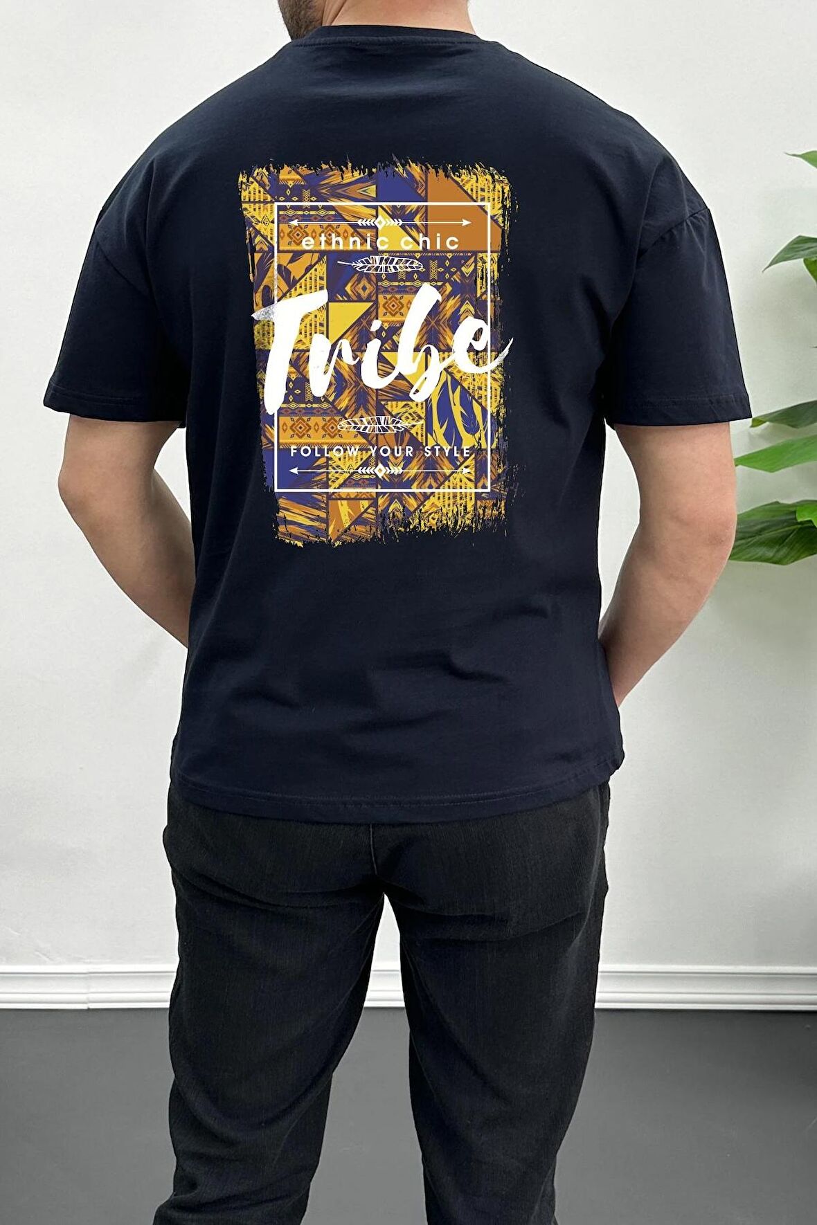 Erkek Oversize %100 Pamuk Tribe Sırt Baskılı T-shirt Lacivert Edw094