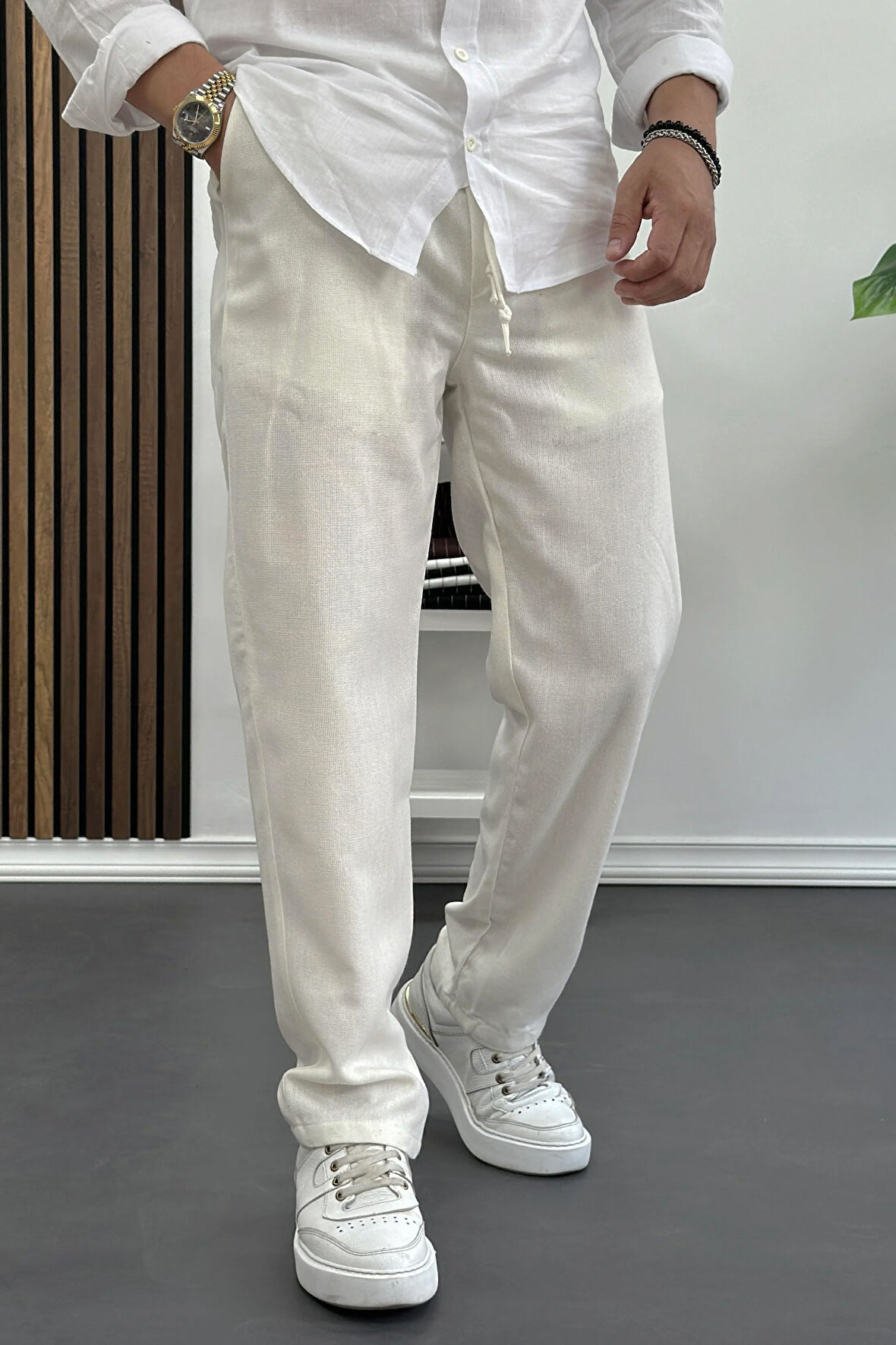 Erkek Rahat Kesim Keten Pantolon Krem Edw138