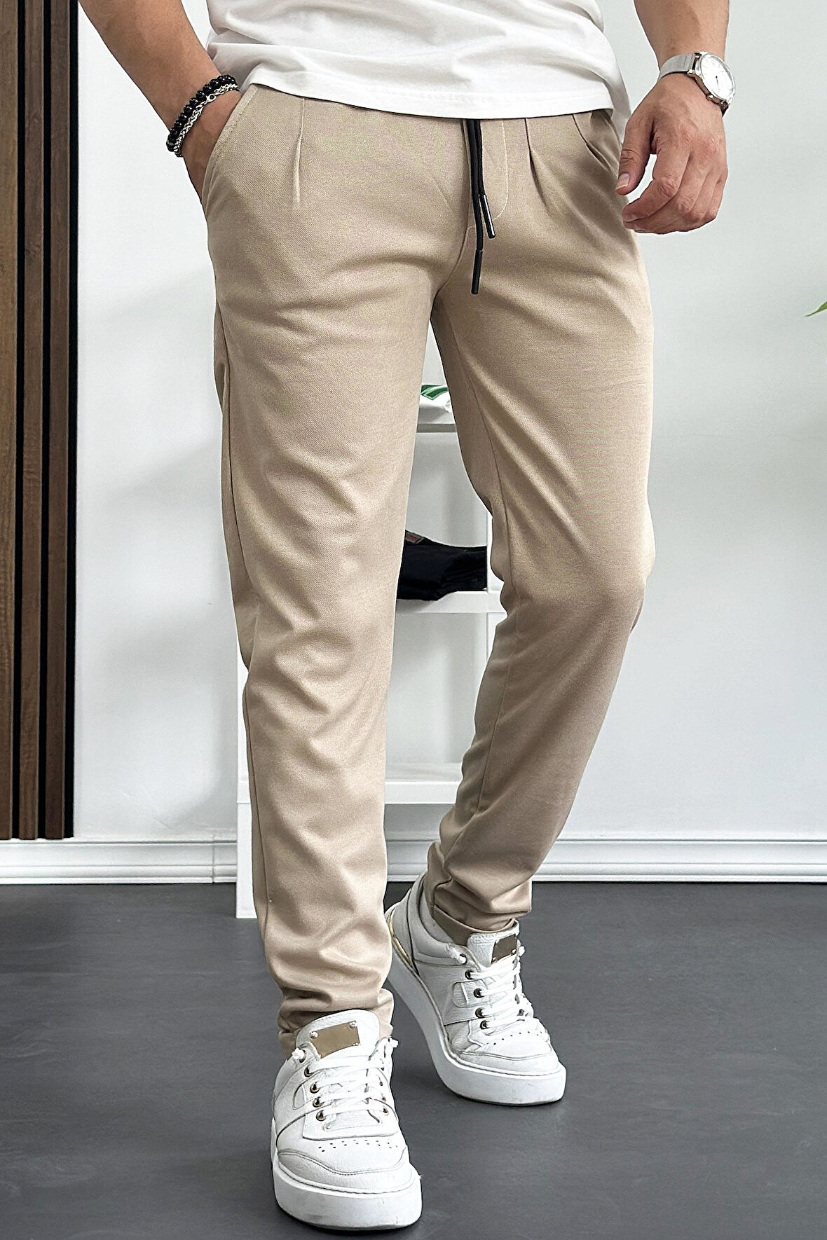 Erkek Beli Lastikli Double Paça Jogger Pantolon Bej Edw145