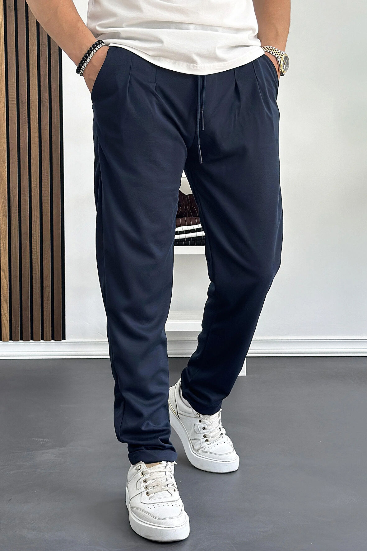 Erkek Beli Lastikli Double Paça Jogger Pantolon Lacivert Edw145