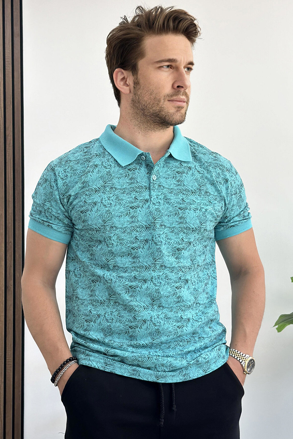 Erkek Slim Fit Desenli Polo Yaka Tişört Mavi Edw153