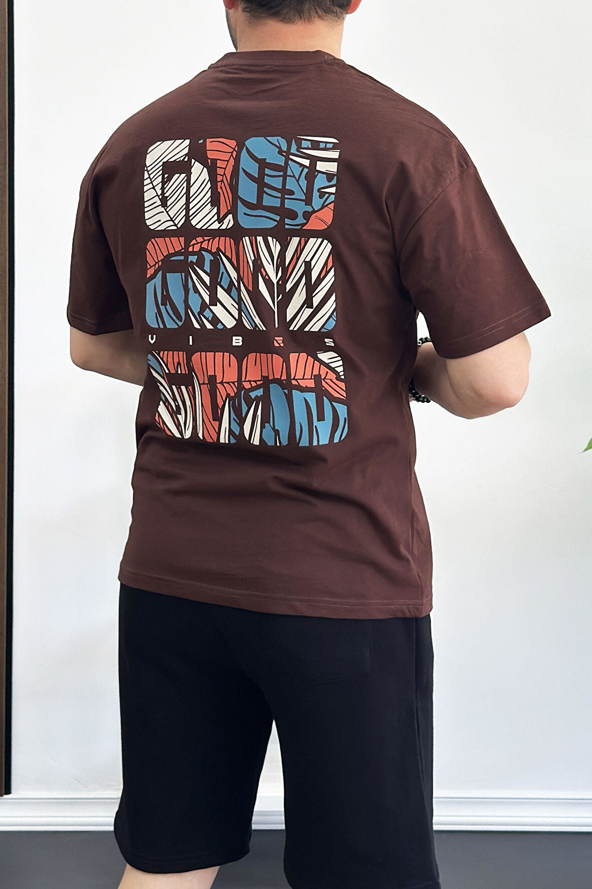 Erkek Oversize %100 Pamuk Sırt Baskılı T-shirt Kahverengi Edw161