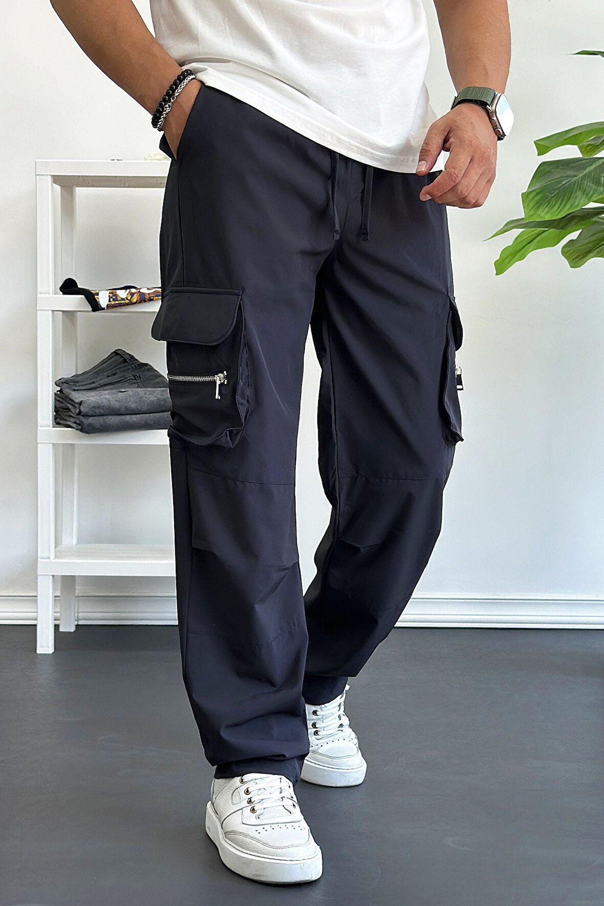 Erkek İnce Baggy Kalıp Kargo Pantolon Lacivert  Edw164