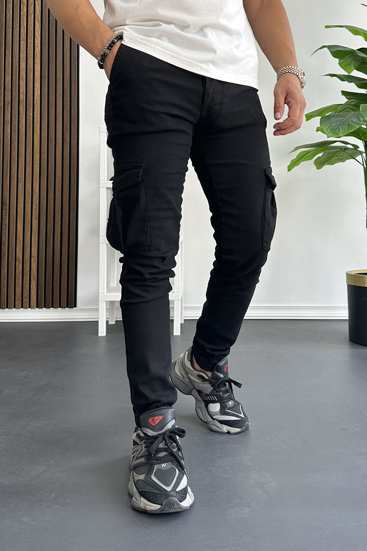 Erkek Skinny Fit Dar Kalıp Kargo Cepli Pantolon Siyah Edw171