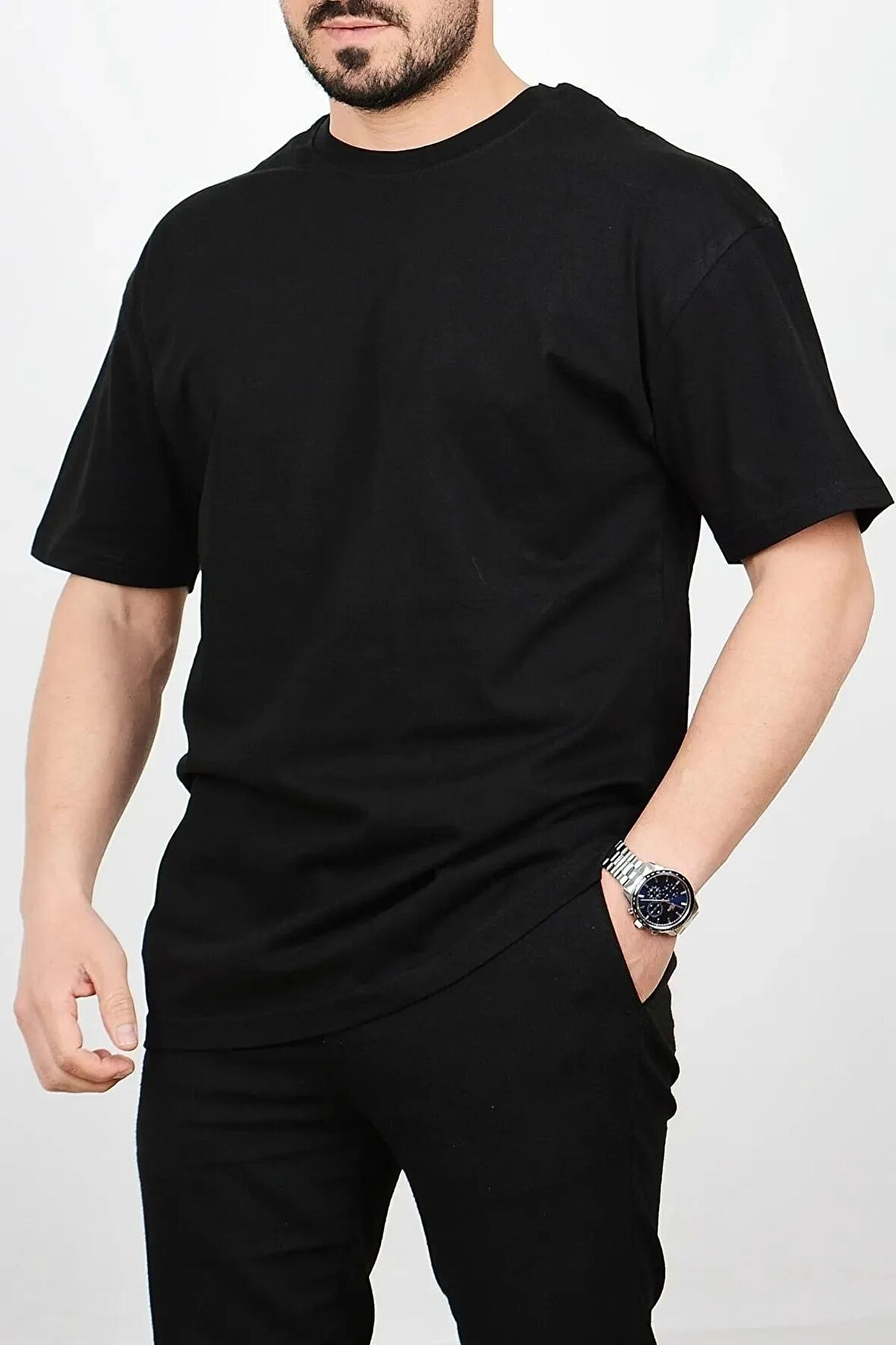 Erkek Pamuklu Normal Kalıp Basic T-shirt Siyah Edw178