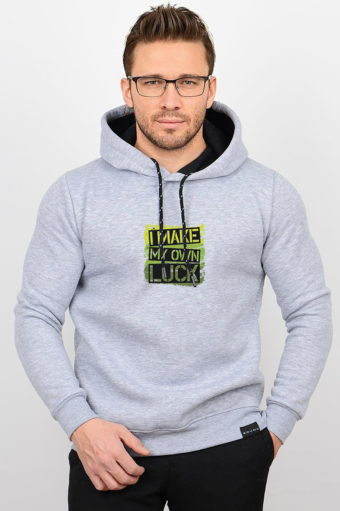 Üç Iplik Şardonlu Baskılı Kapüşonlu Sweatshirt Gri Edw180