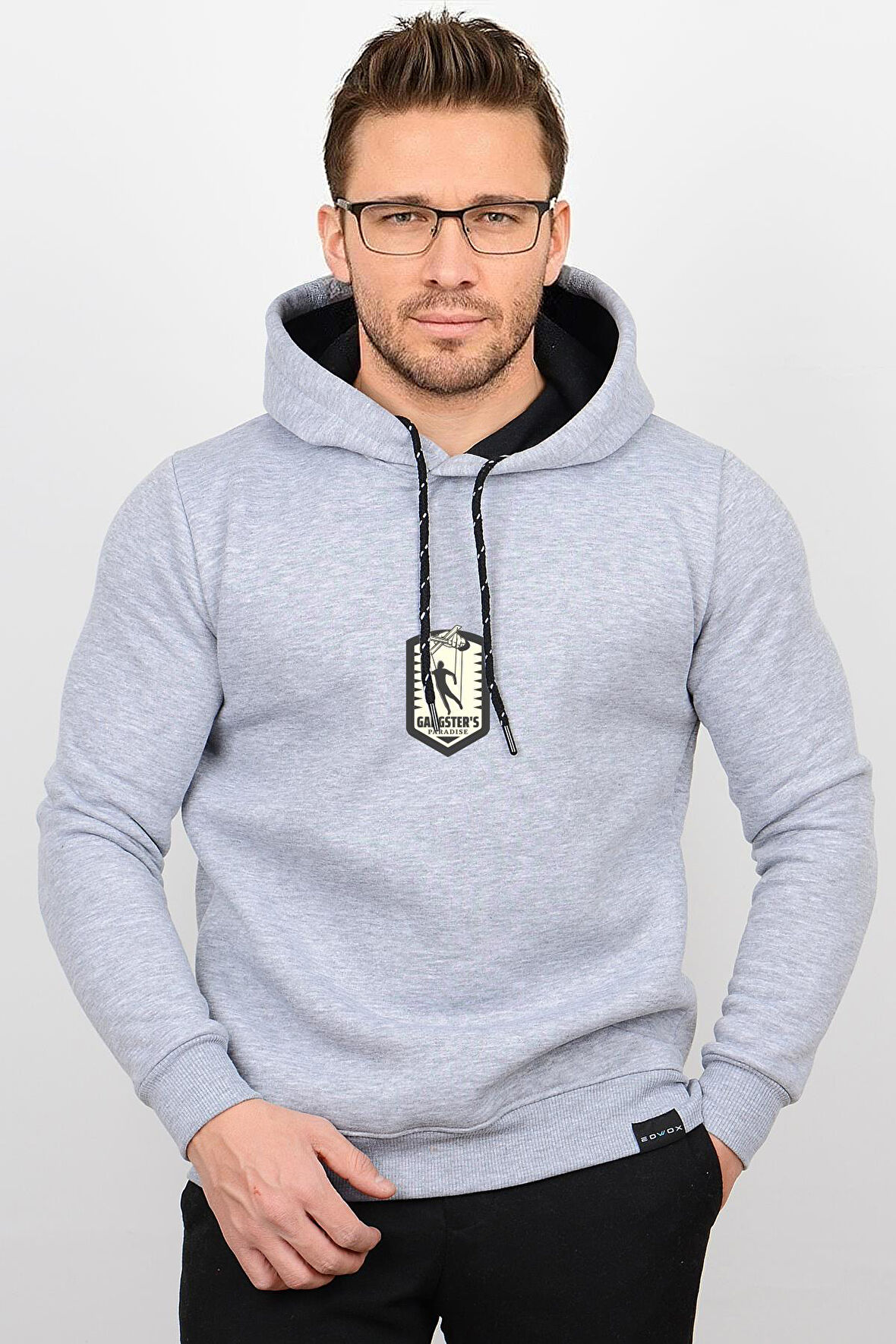 Üç Iplik Şardonlu Baskılı Kapüşonlu Sweatshirt Gri Edw179