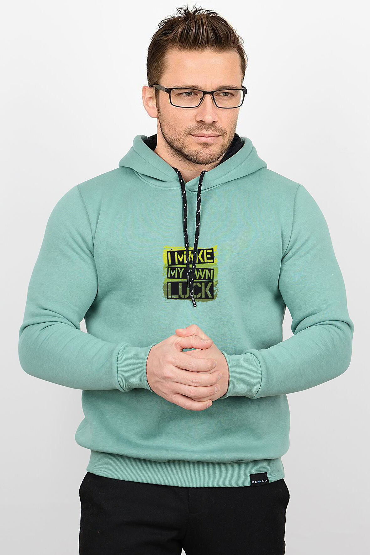 Üç Iplik Şardonlu Baskılı Kapüşonlu Sweatshirt Yeşil Edw180