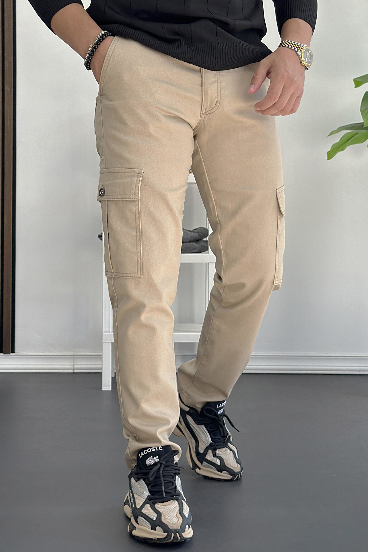 Erkek Yan Cepli Kargo Pantolon Krem Edw184