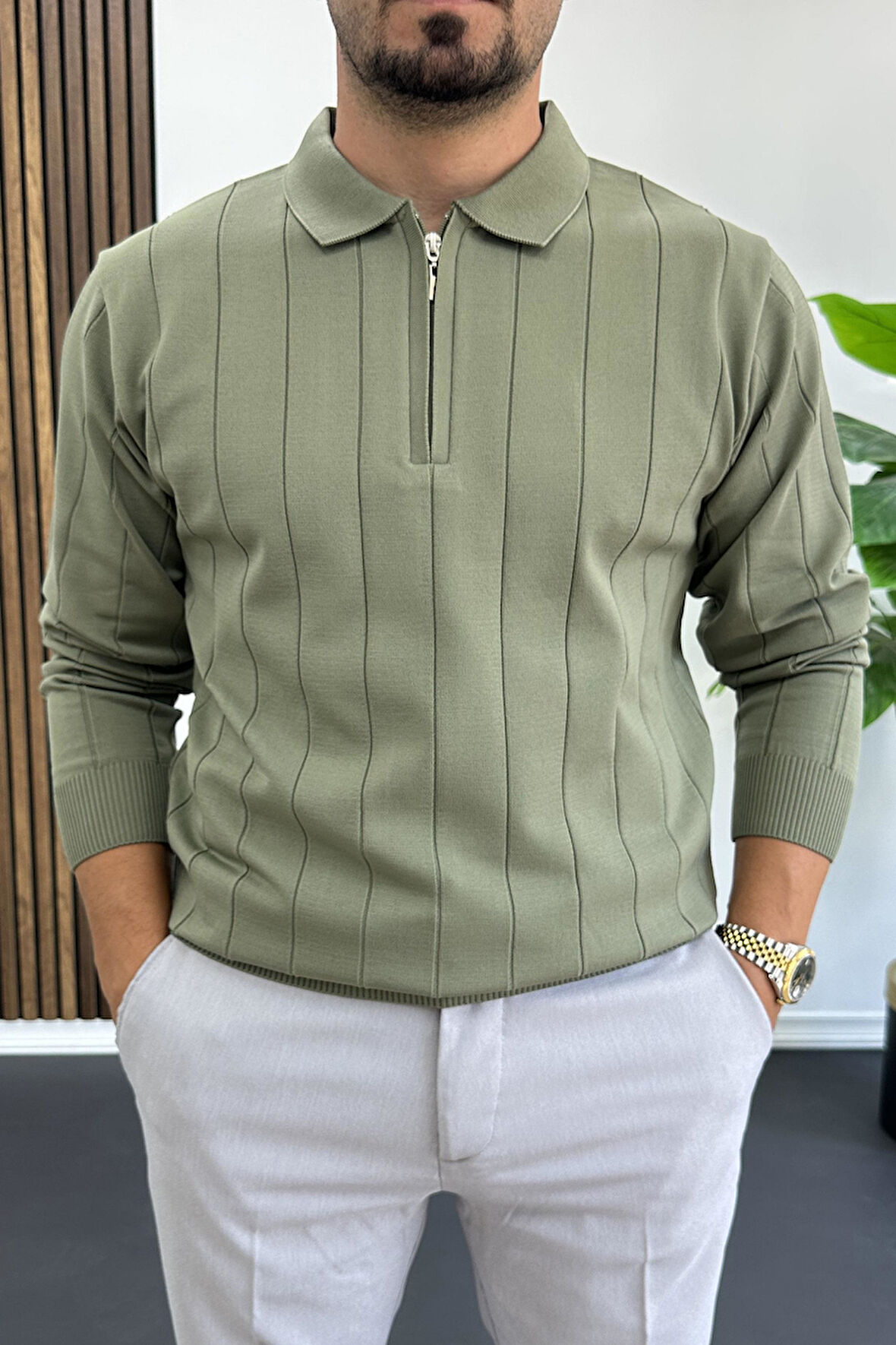 Erkek Yarım Fermuarlı Polo Yaka Mevsimlik Kazak Haki Edw195