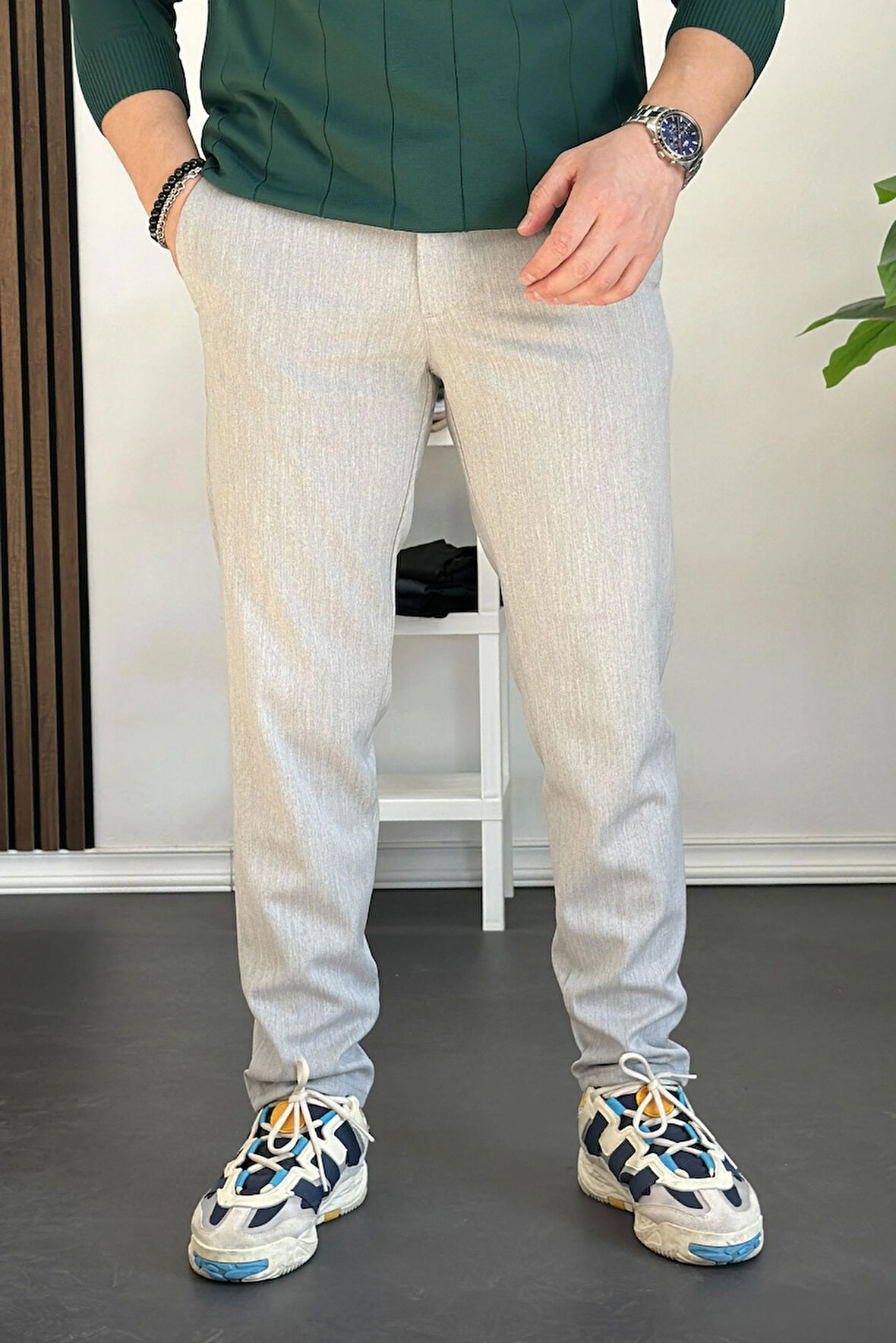 Erkek Beli Düğmeli Dar Paça Jogger Pantolon Gri Edw224