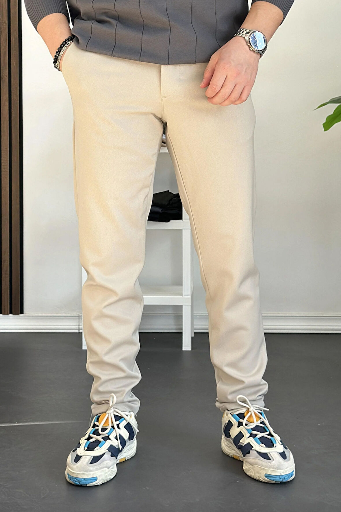 Erkek Beli Düğmeli Dar Paça Jogger Pantolon Bej Edw224