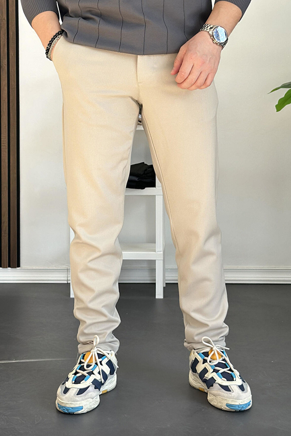 Erkek Beli Düğmeli Dar Paça Jogger Pantolon Bej Edw224