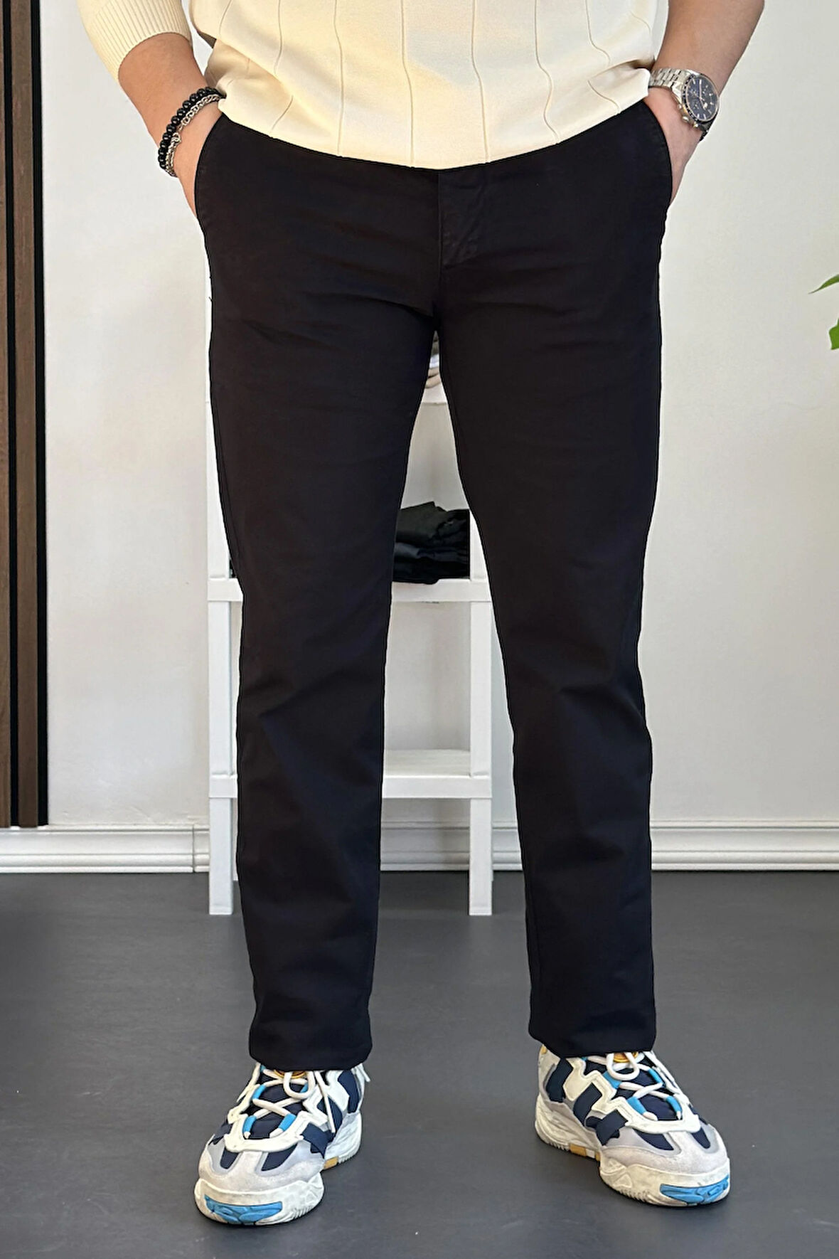 Erkek Pamuklu Chino Pantolon Standart Kalıp Siyah Edw225 