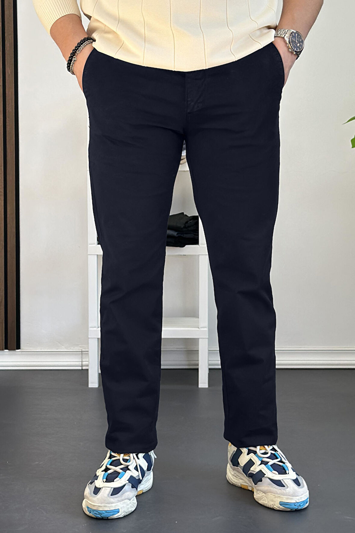 Erkek Pamuklu Chino Pantolon Standart Kalıp Lacivert Edw225 