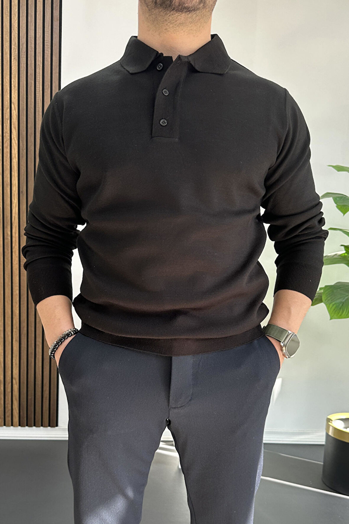 Erkek Düğmeli Polo Yaka Kazak Siyah Edw231