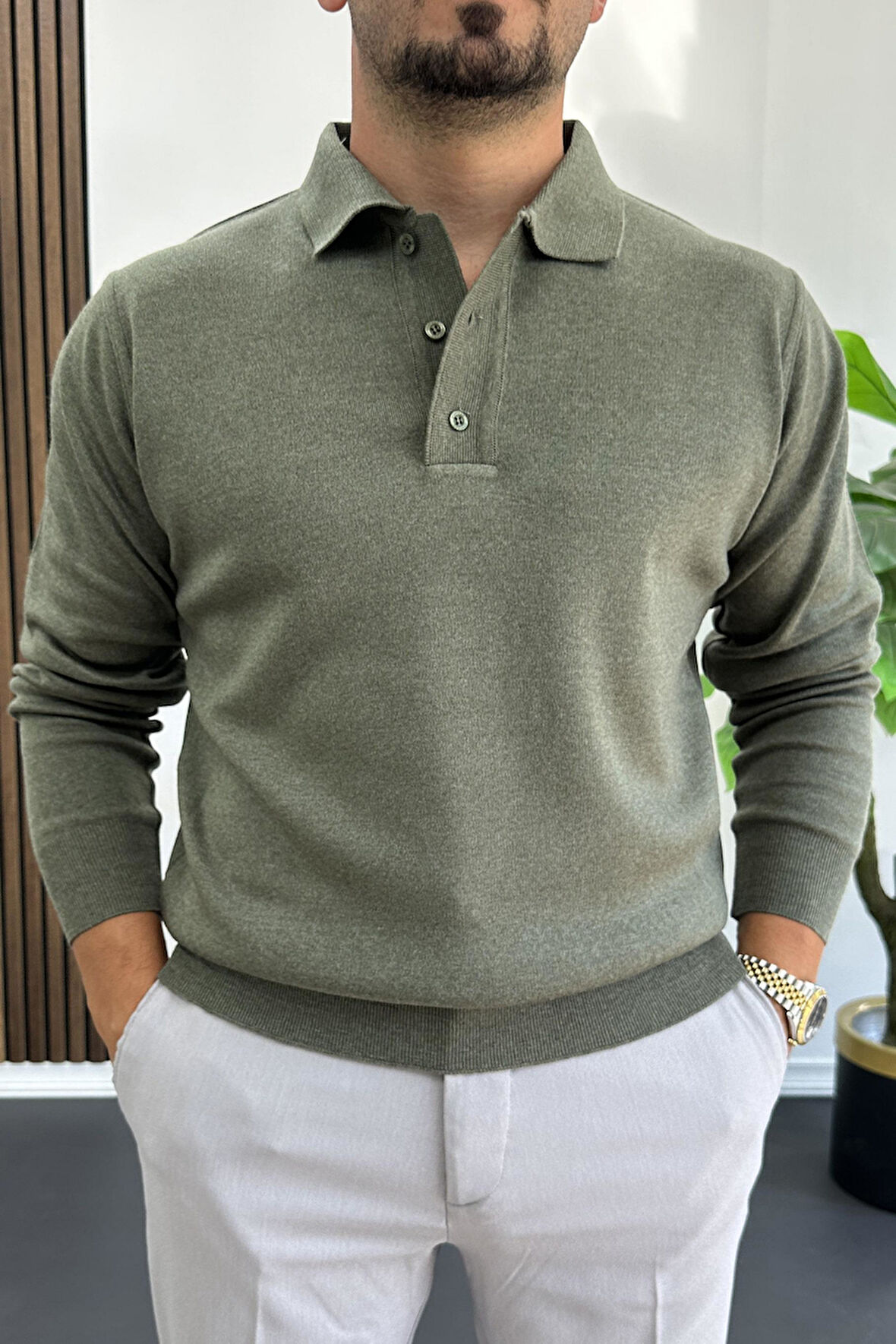 Erkek Düğmeli Polo Yaka Kazak Yeşil Edw231