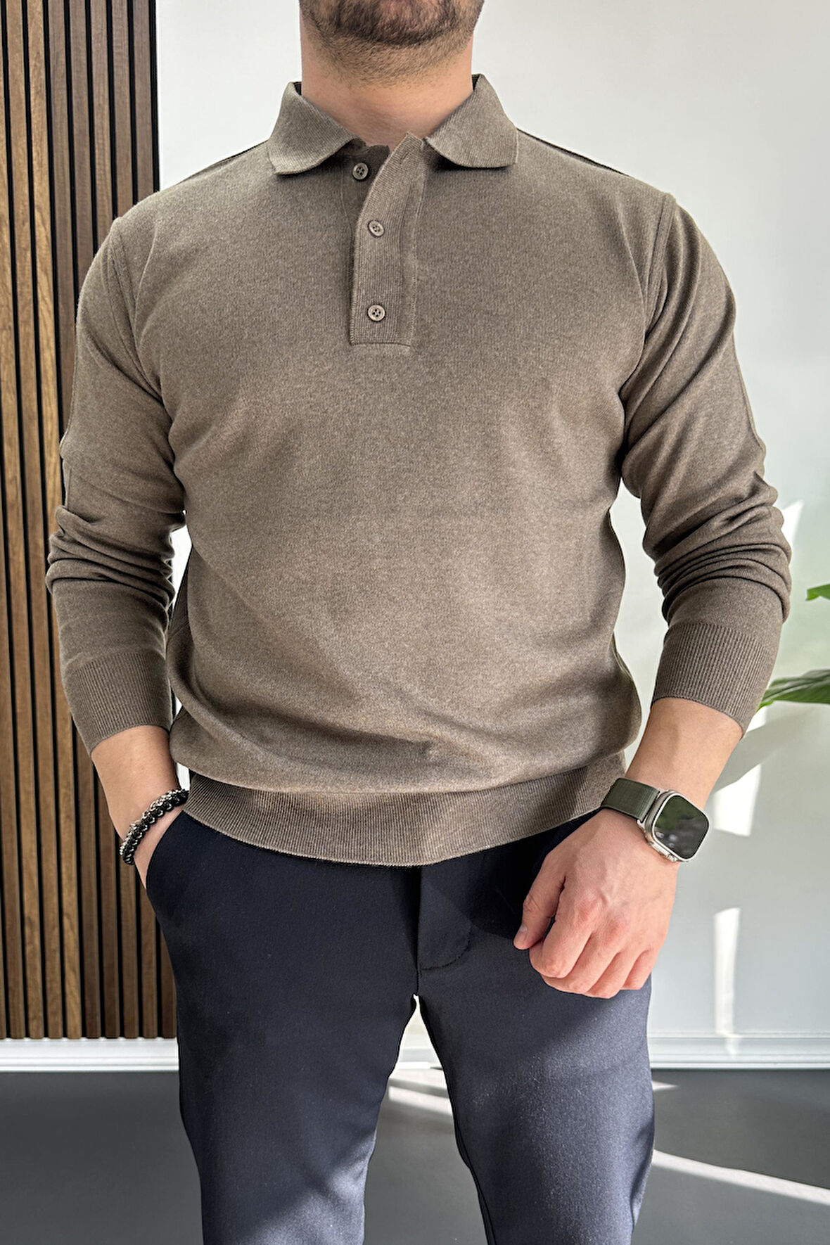 Erkek Düğmeli Polo Yaka Kazak Açık Kahverengi Edw231