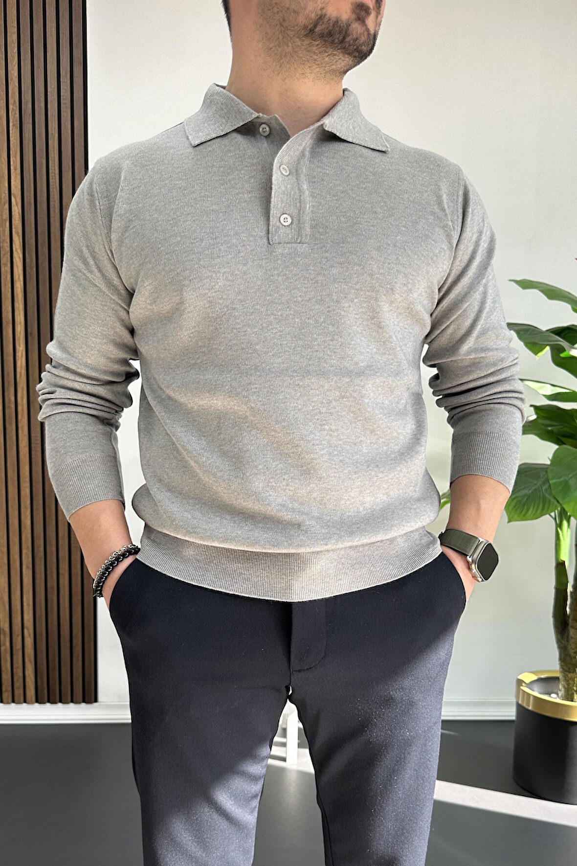 Erkek Düğmeli Polo Yaka Kazak Gri Edw231