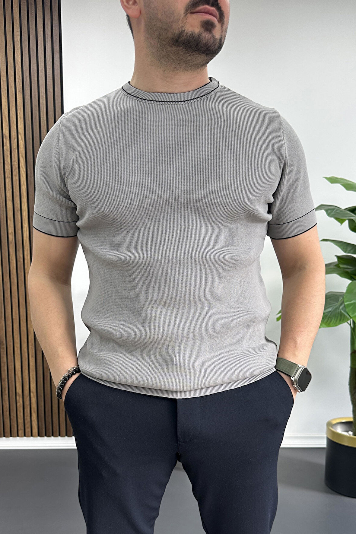 Erkek Bisiklet Yaka Triko Tişört Gri Edw233