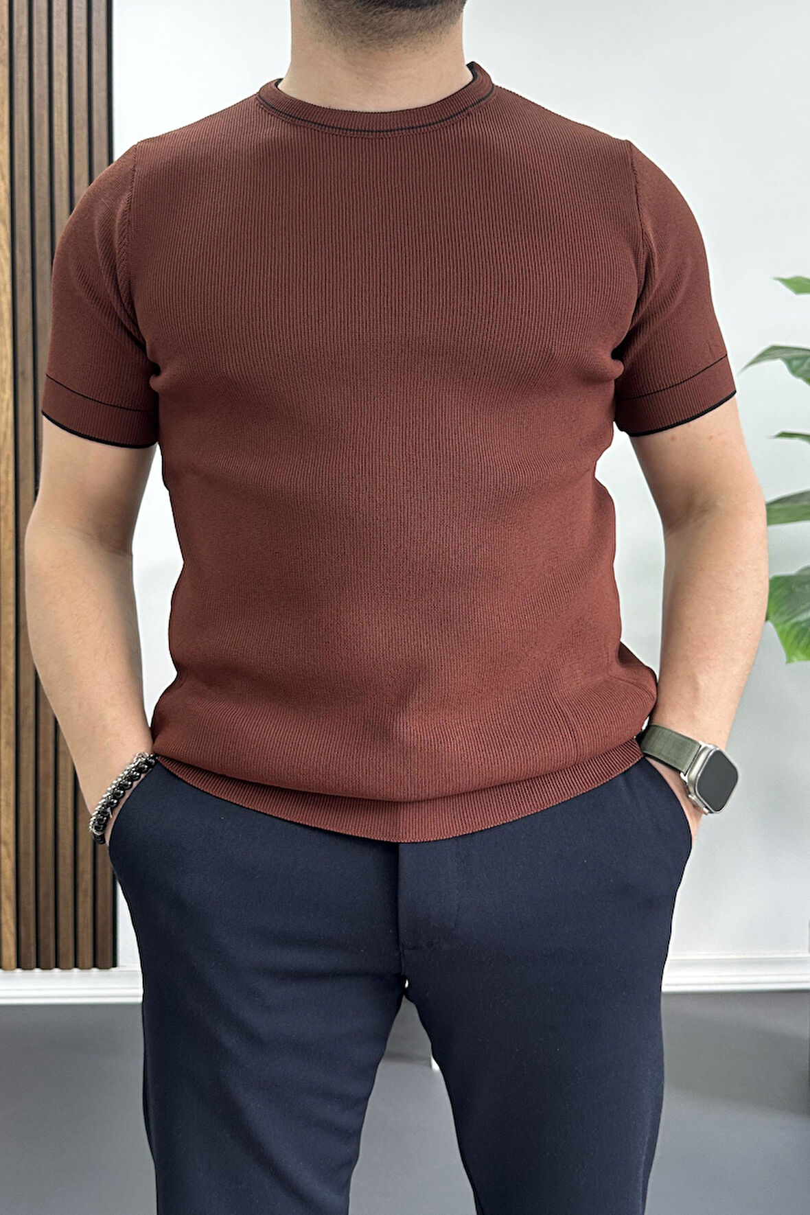 Erkek Bisiklet Yaka Triko Tişört Kiremit Edw233