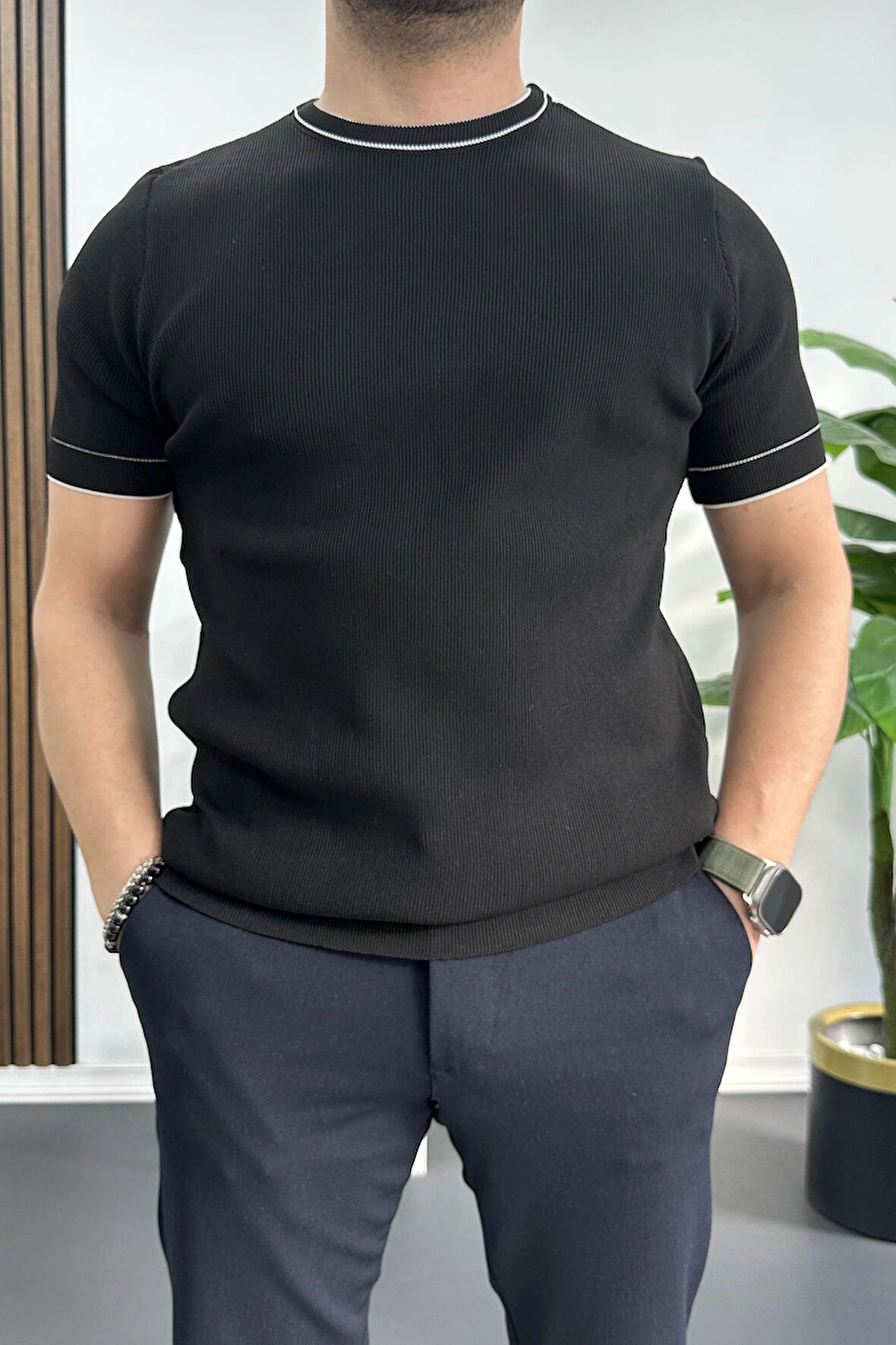 Erkek Bisiklet Yaka Triko Tişört Siyah Edw233