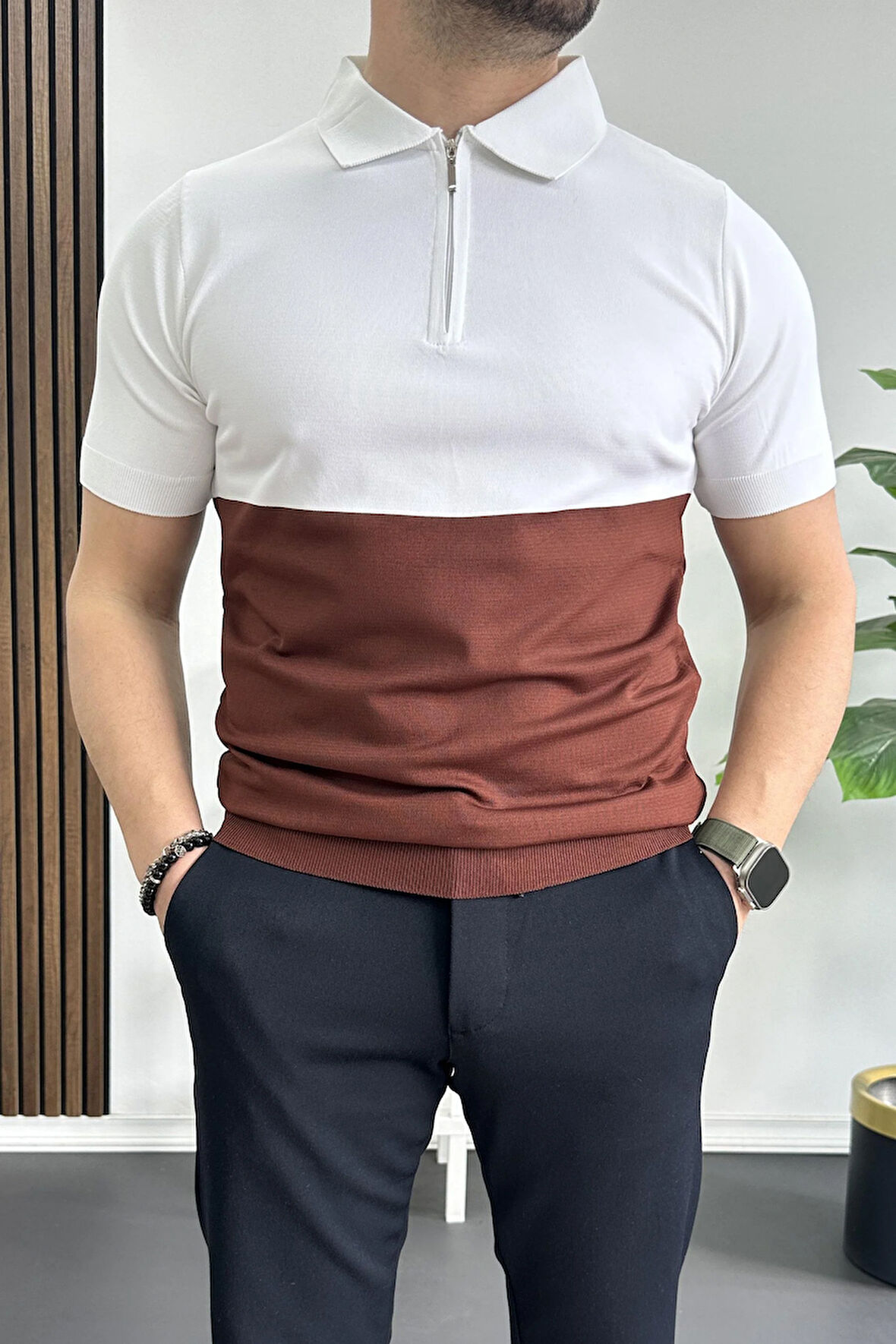 Erkek Renk Bloklu Polo Yaka Yarım Fermuarlı Tişört Kiremit Edw234