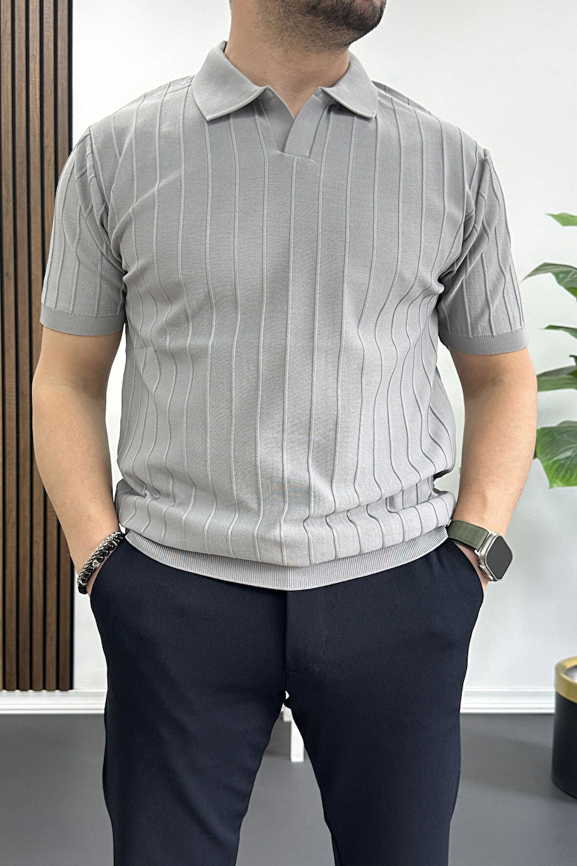 Erkek Açık Yaka Desenli Tişört Gri Edw238