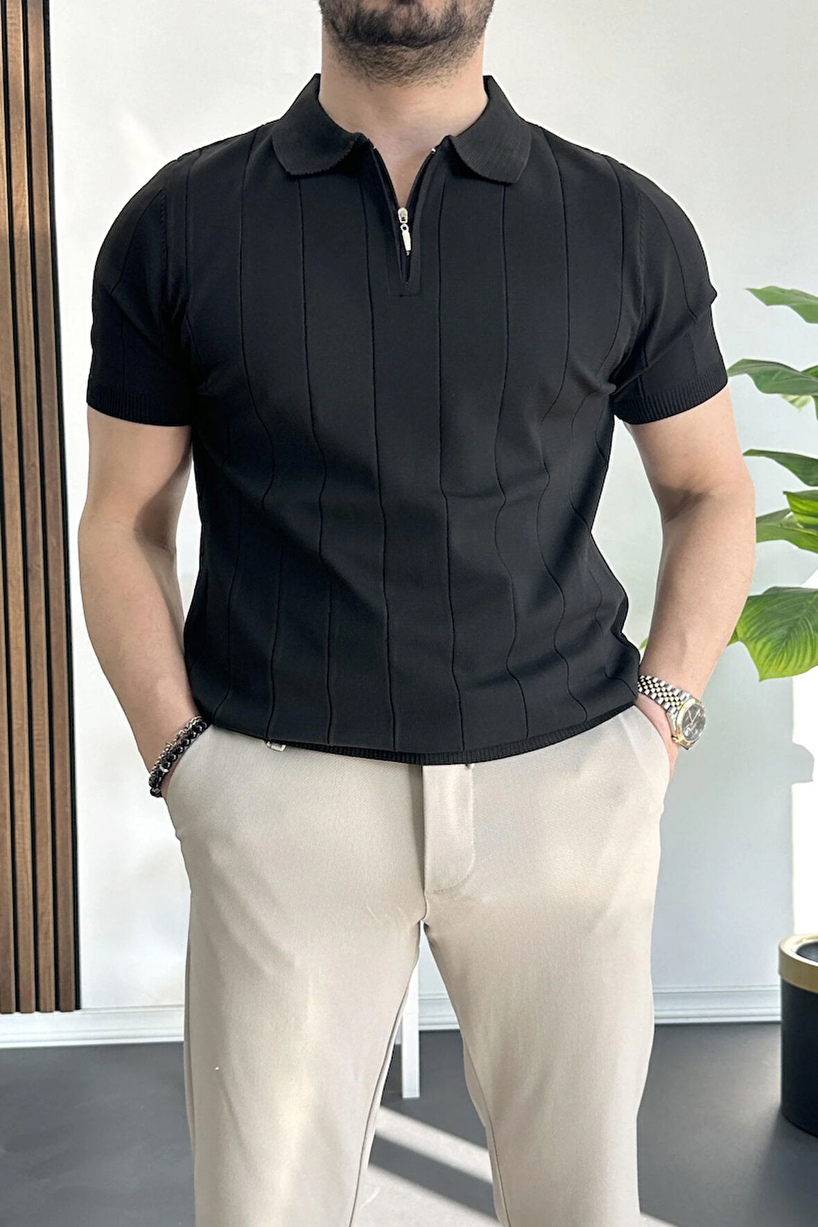 Erkek Yarım Fermuarlı Polo Yaka Tişört Siyah Edw257