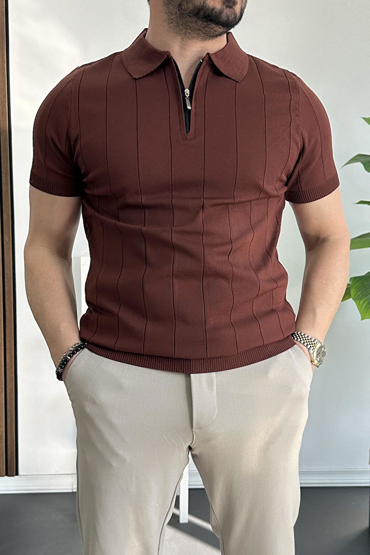 Erkek Yarım Fermuarlı Polo Yaka Tişört Kiremit Edw257