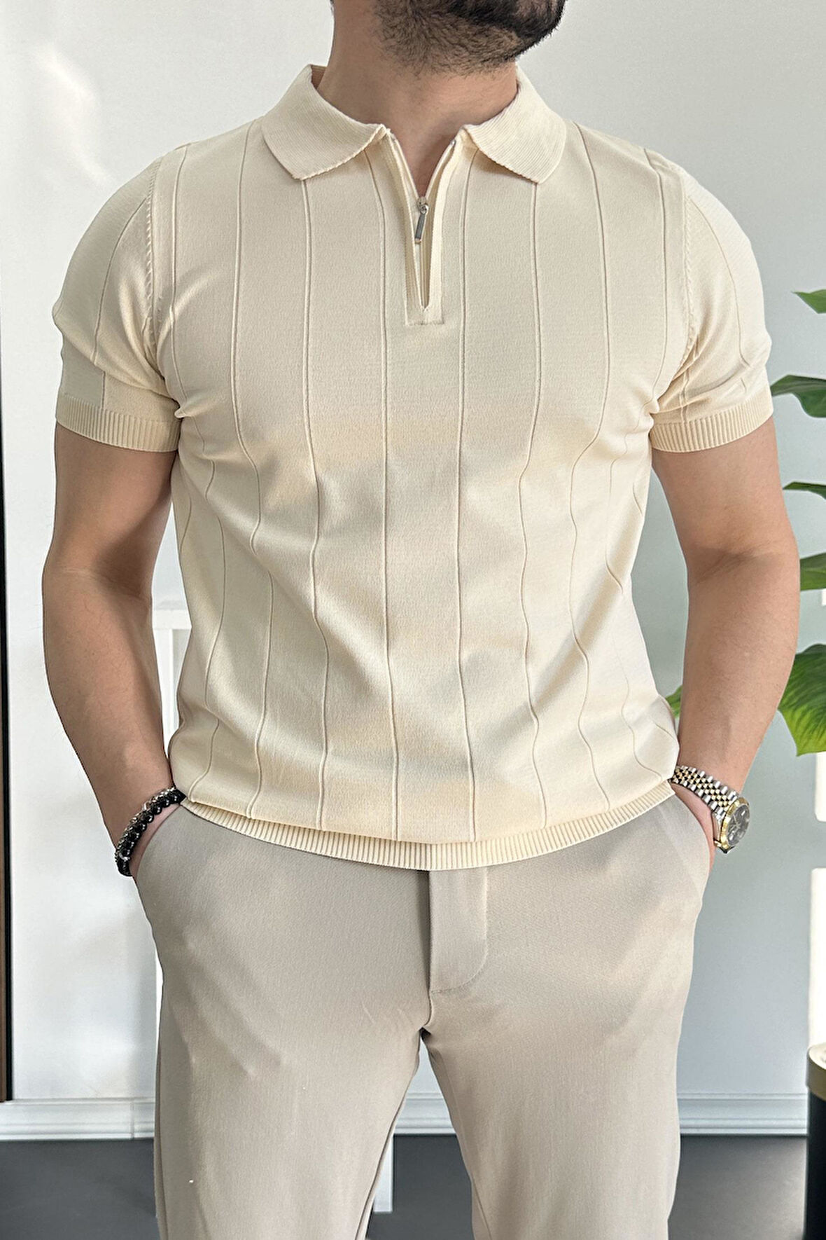 Erkek Yarım Fermuarlı Polo Yaka Tişört Krem Edw257