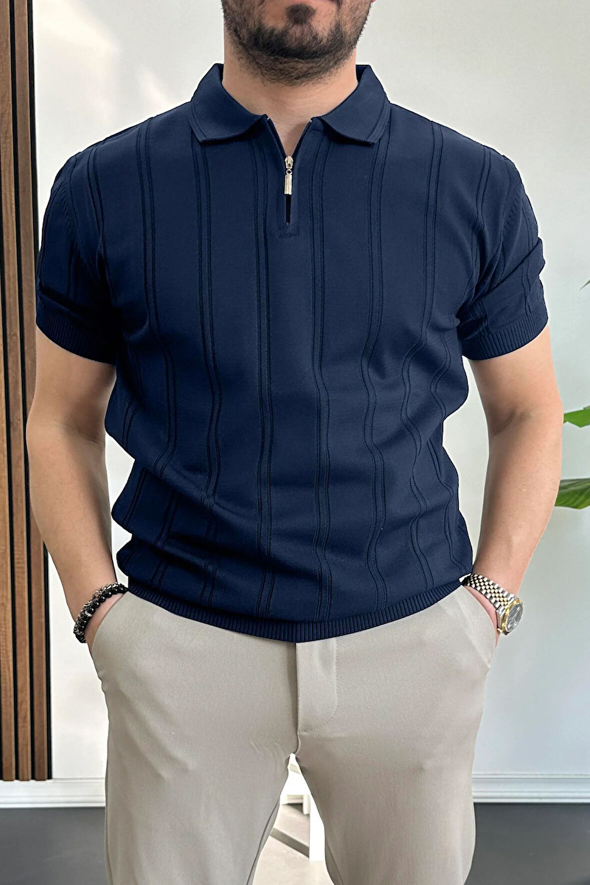 Erkek Polo Yaka Fermuarlı Desenli Tişört Lacivert Edw262