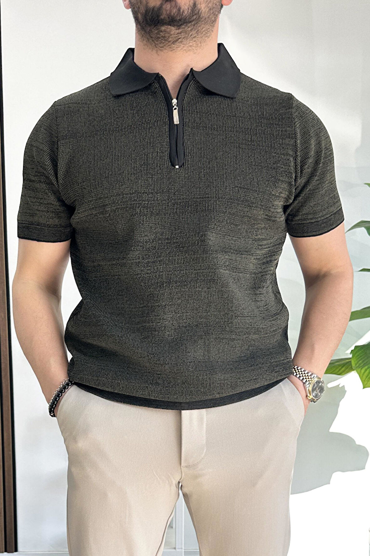 Erkek Polo Yaka Fermuarlı Renk Desenli Tişört Haki Edw263