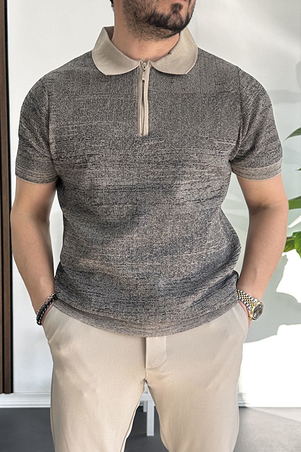 Erkek Polo Yaka Fermuarlı Renk Desenli Tişört Vizon Edw263