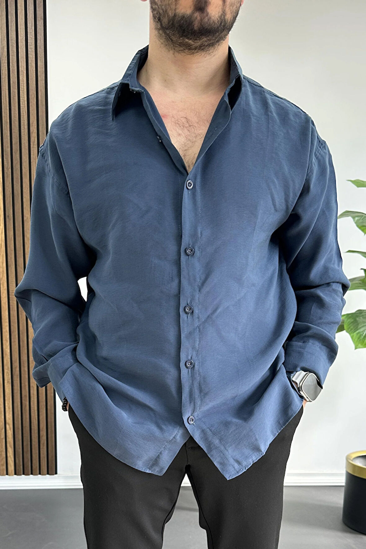 Erkek Salaş Modal Kumaş Gömlek Mavi Edw267