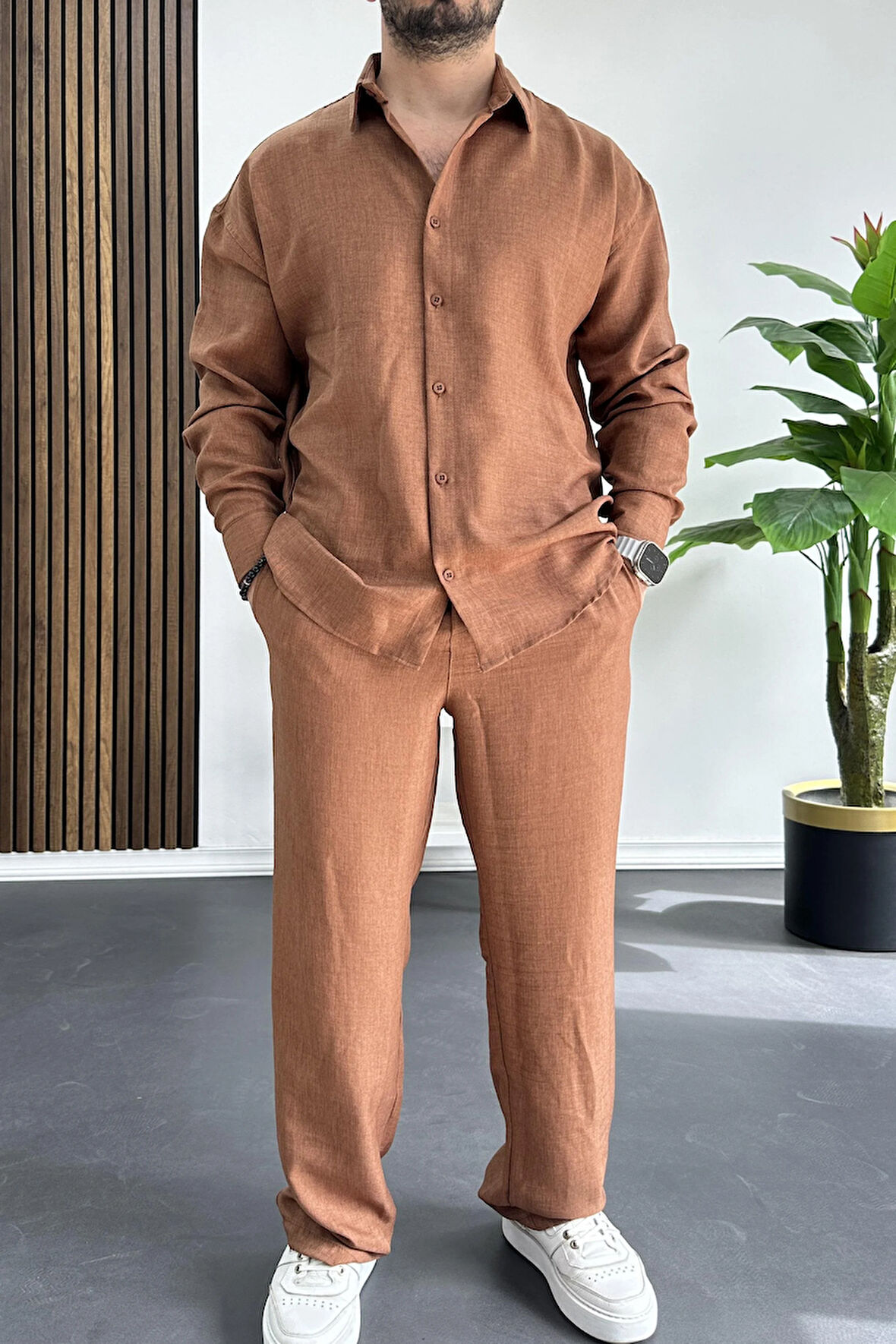 Erkek Gömlek Pantolon Takım Kahverengi Edw268